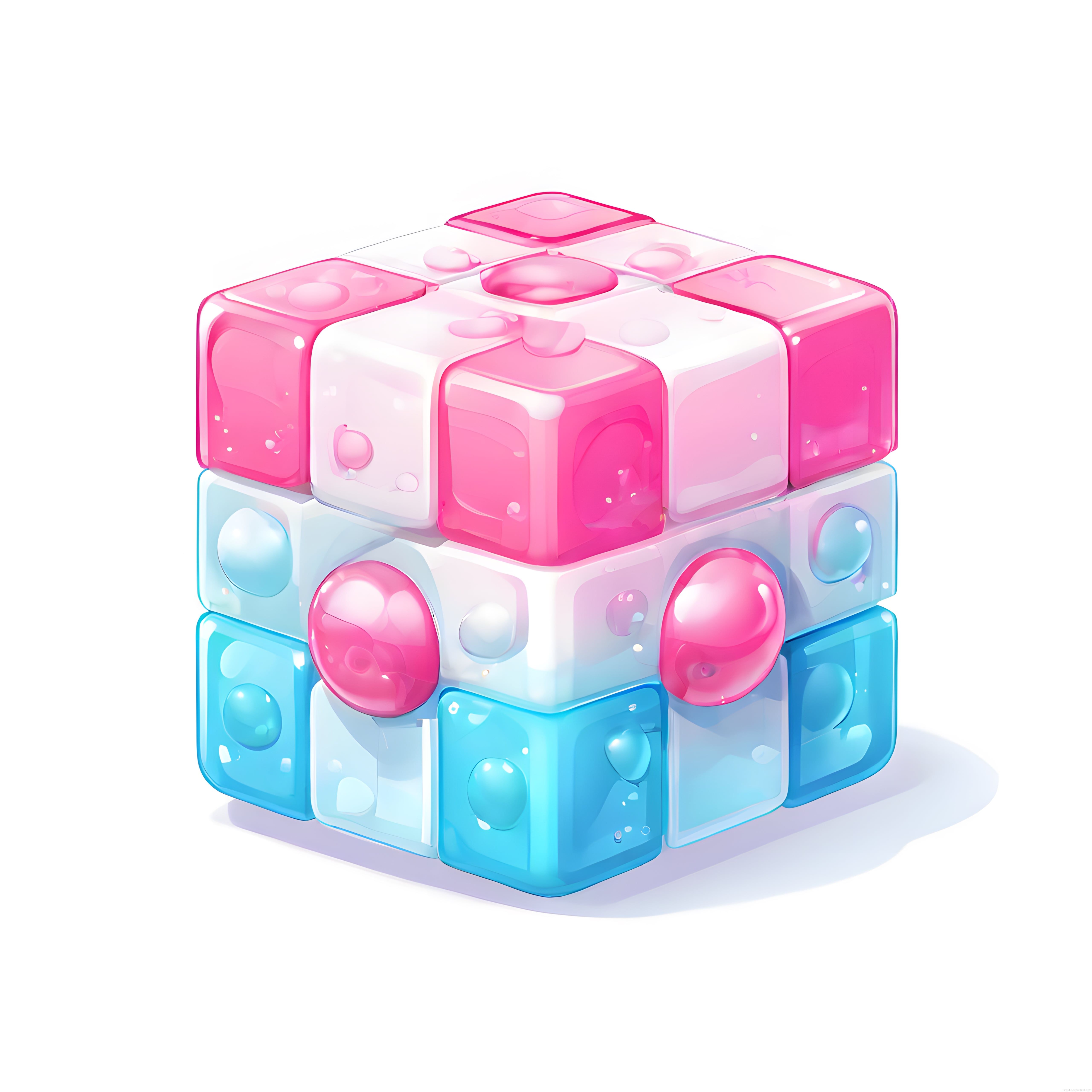 Pembe ve Mavi Tonlarında Jelatinmsi Şeker Gibi Parlak 3D Rubik Küpü Renderı Pembe ve Mavi Tonlarında Jelatinmsi Şeker Gibi Parlak 3D Rubik Küpü Renderı