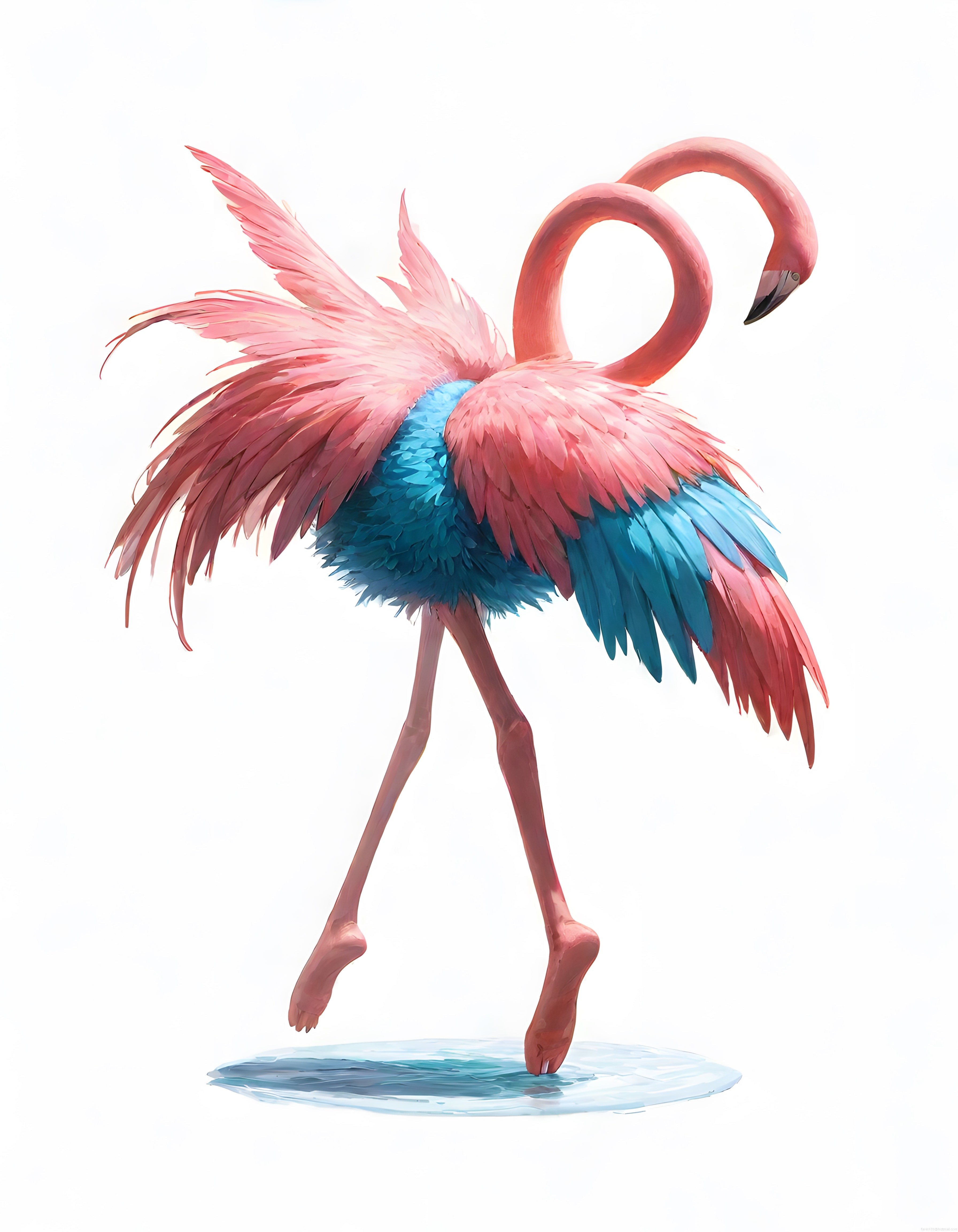 Pembe ve Mavi Tüylü Flamingo: Beyaz Fon Üzerinde Dijital Sanat Çalışması