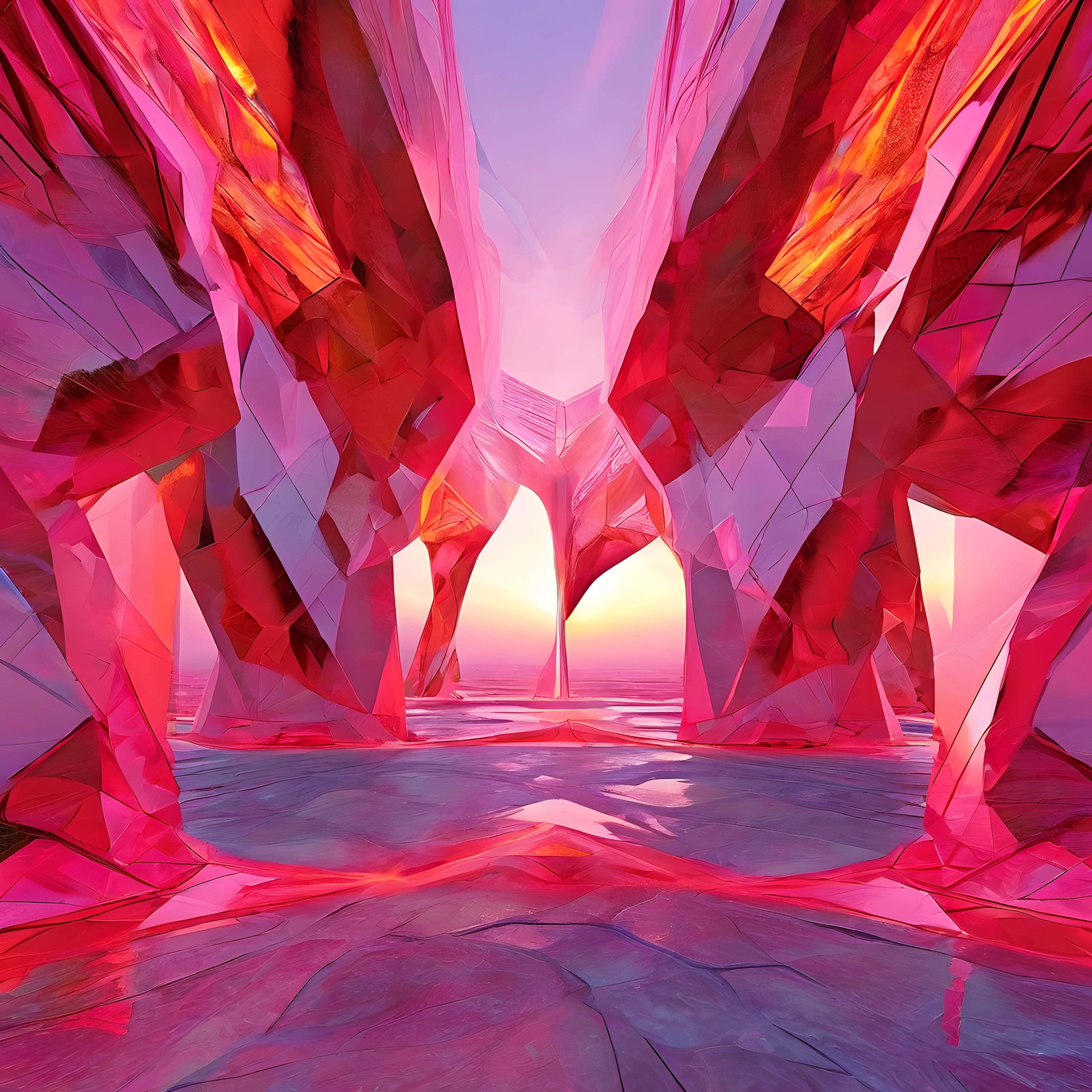 Pembe ve Mor Kristal Kanyonunda Büyüleyici Gün Batımı Işığı Dijital Sanat