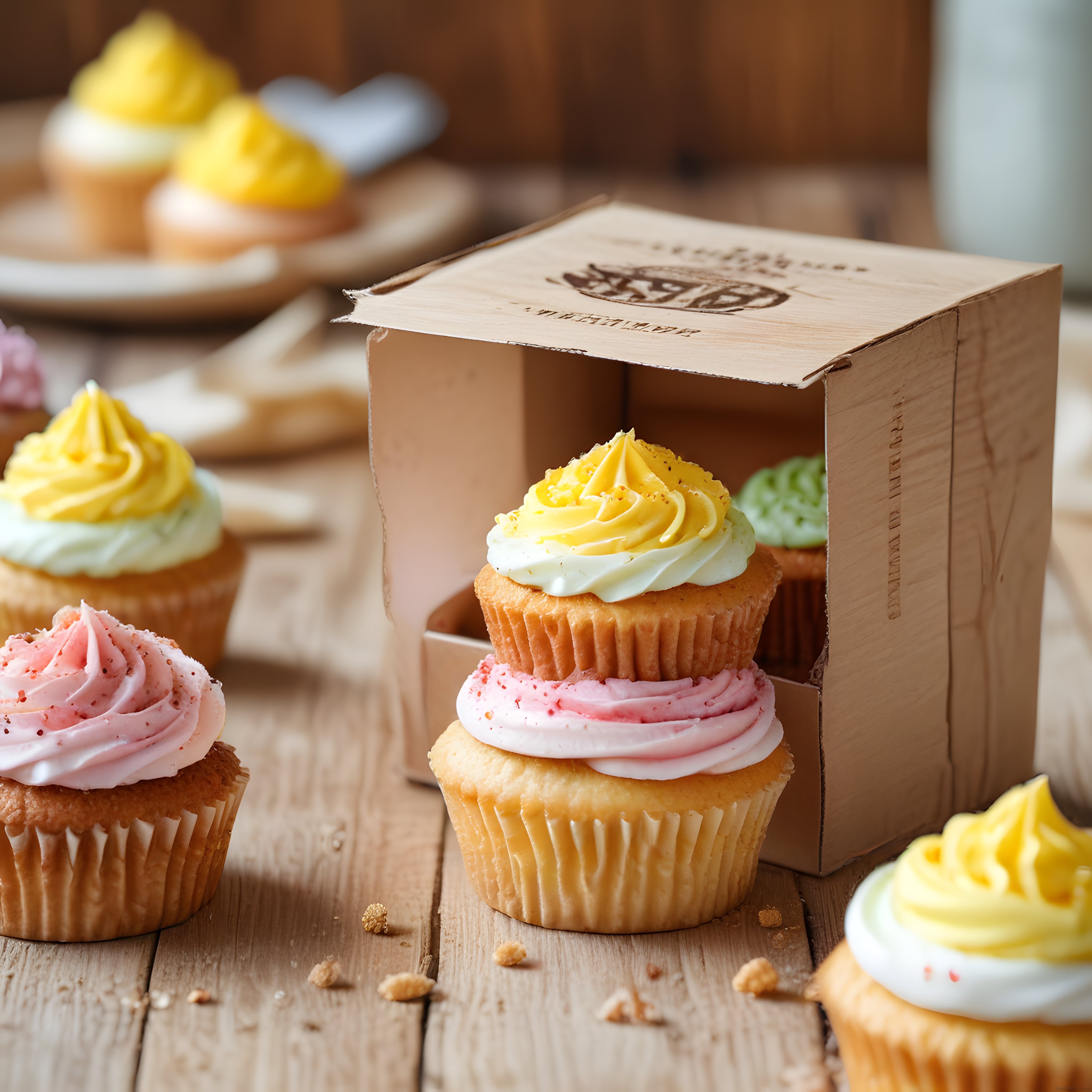 Pembe ve Sarı Kremalı Cupcakelerin Ahşap Üzerindeki Rustik Sunumu