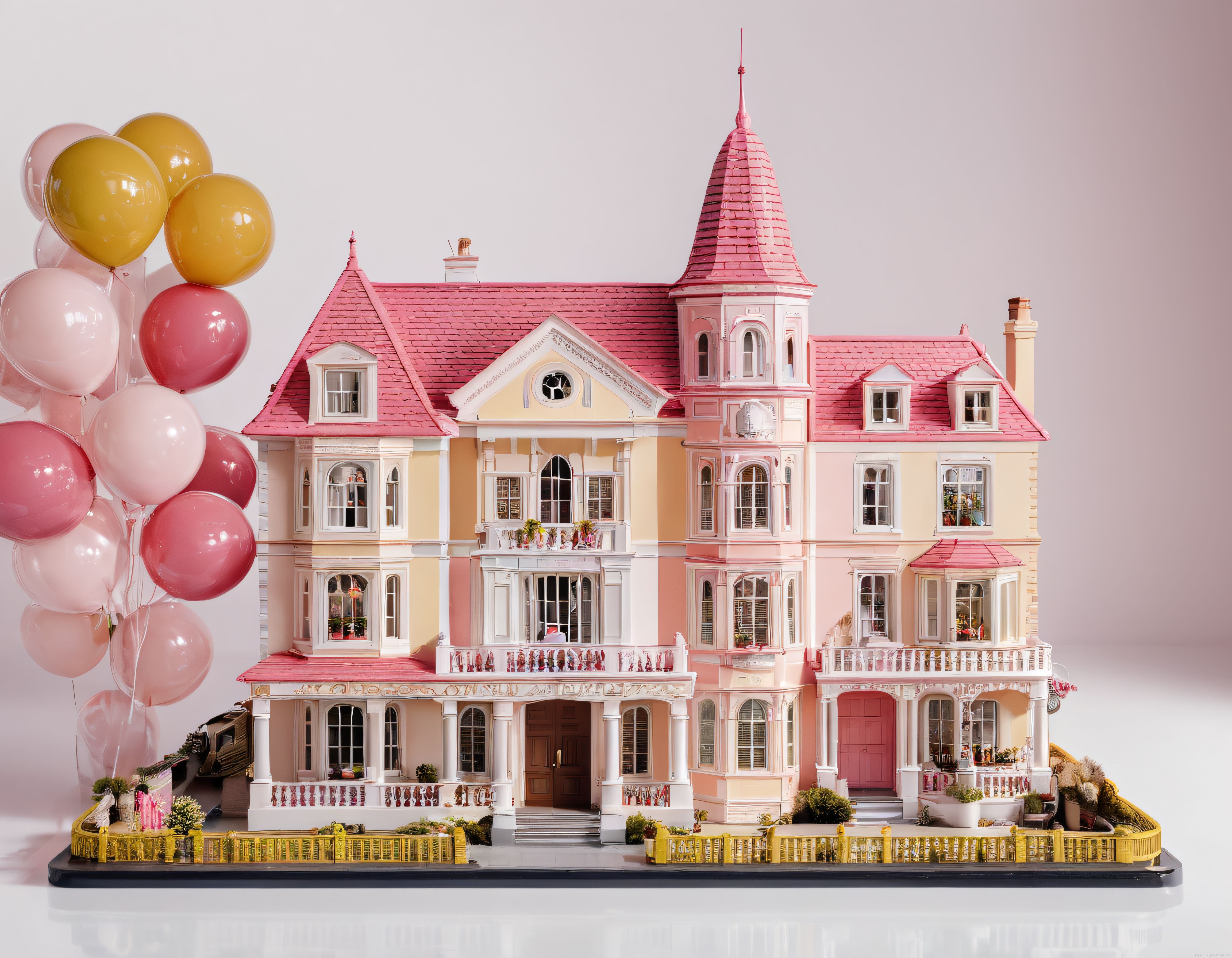 Pembe ve Sarı Renklerde Detaylı Victoria Tarzı Bebek Evi ve Balonlar