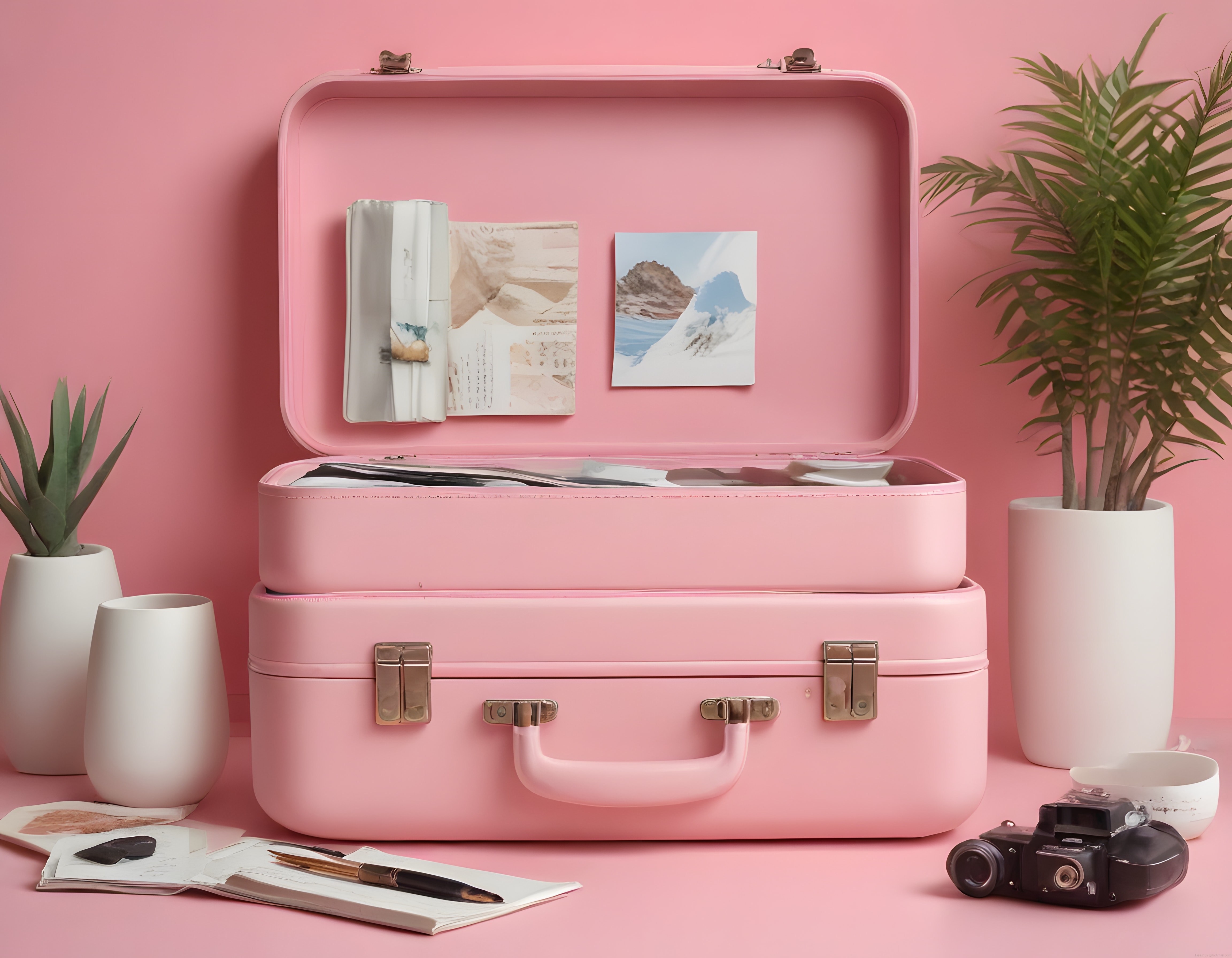 Pembe Vintage Bavul ve Eski Fotoğraf Makinesiyle Nostaljik Seyahat Stüdyosu
