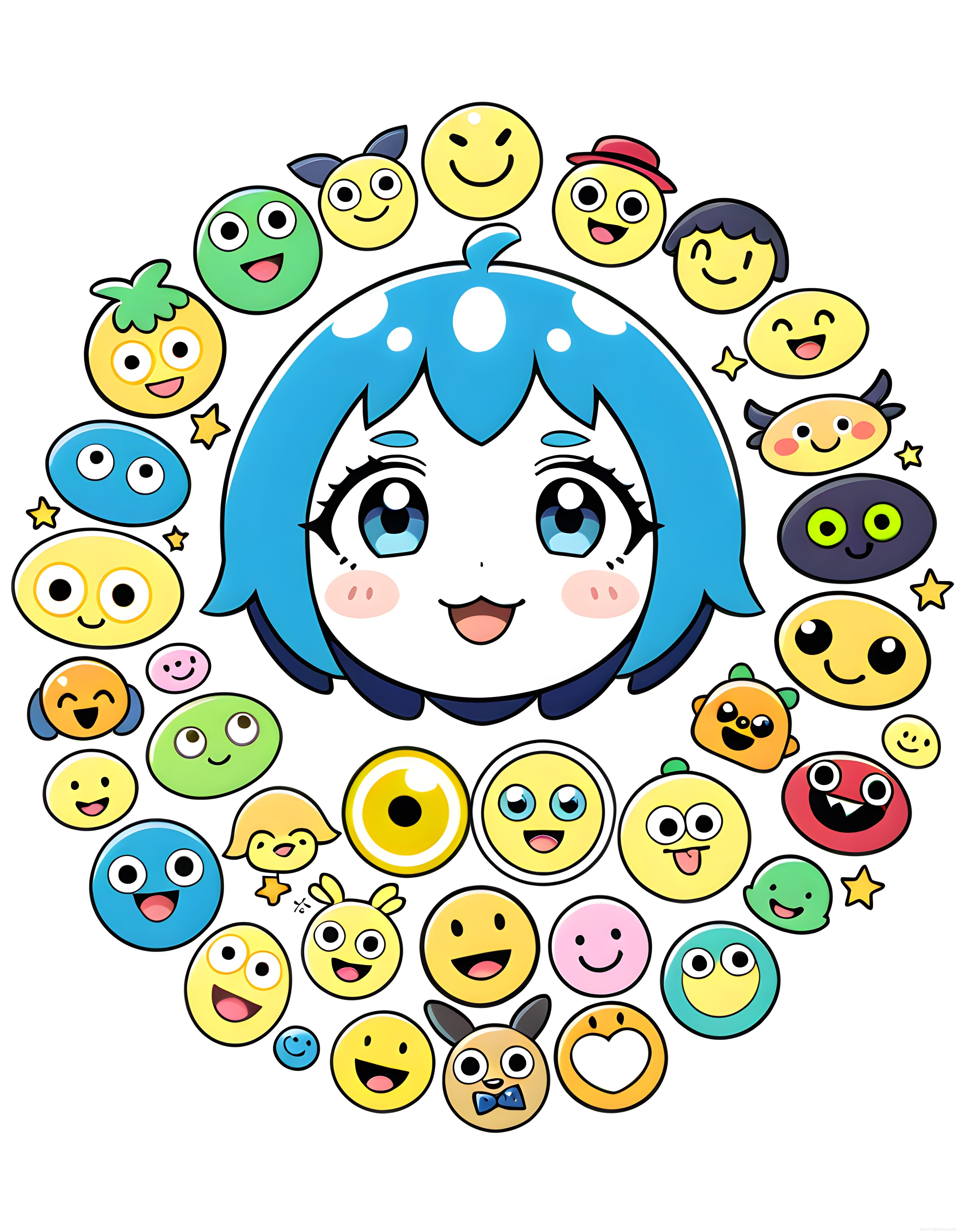 Pembe Yanaklı Mavi Saçlı Anime Karakter ve Renkli Emoji Çıkartma Topluluğu
