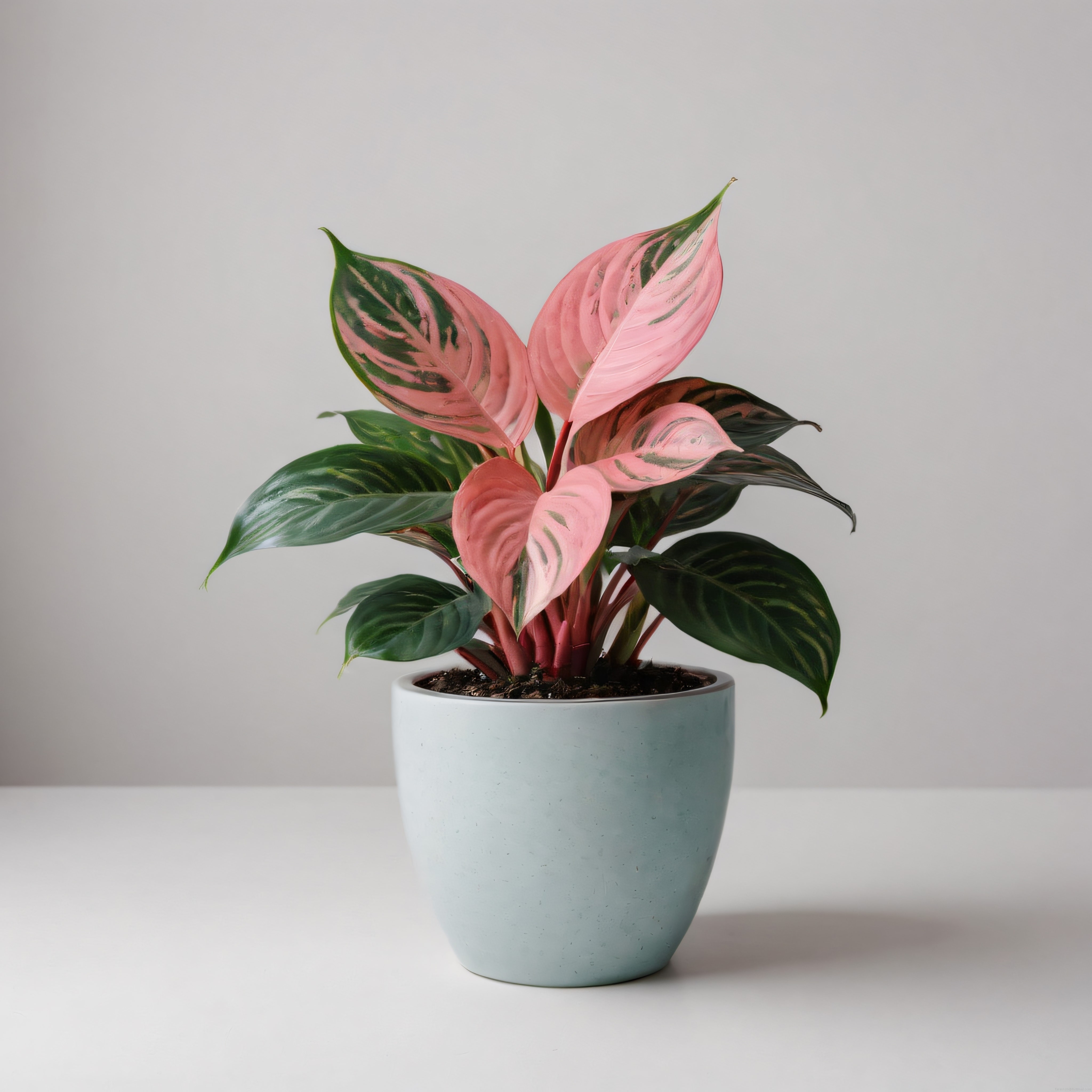 Pembe Yapraklı Aglaonema Bitkisi ve Mavi Saksıda Minimalist Dekorasyon