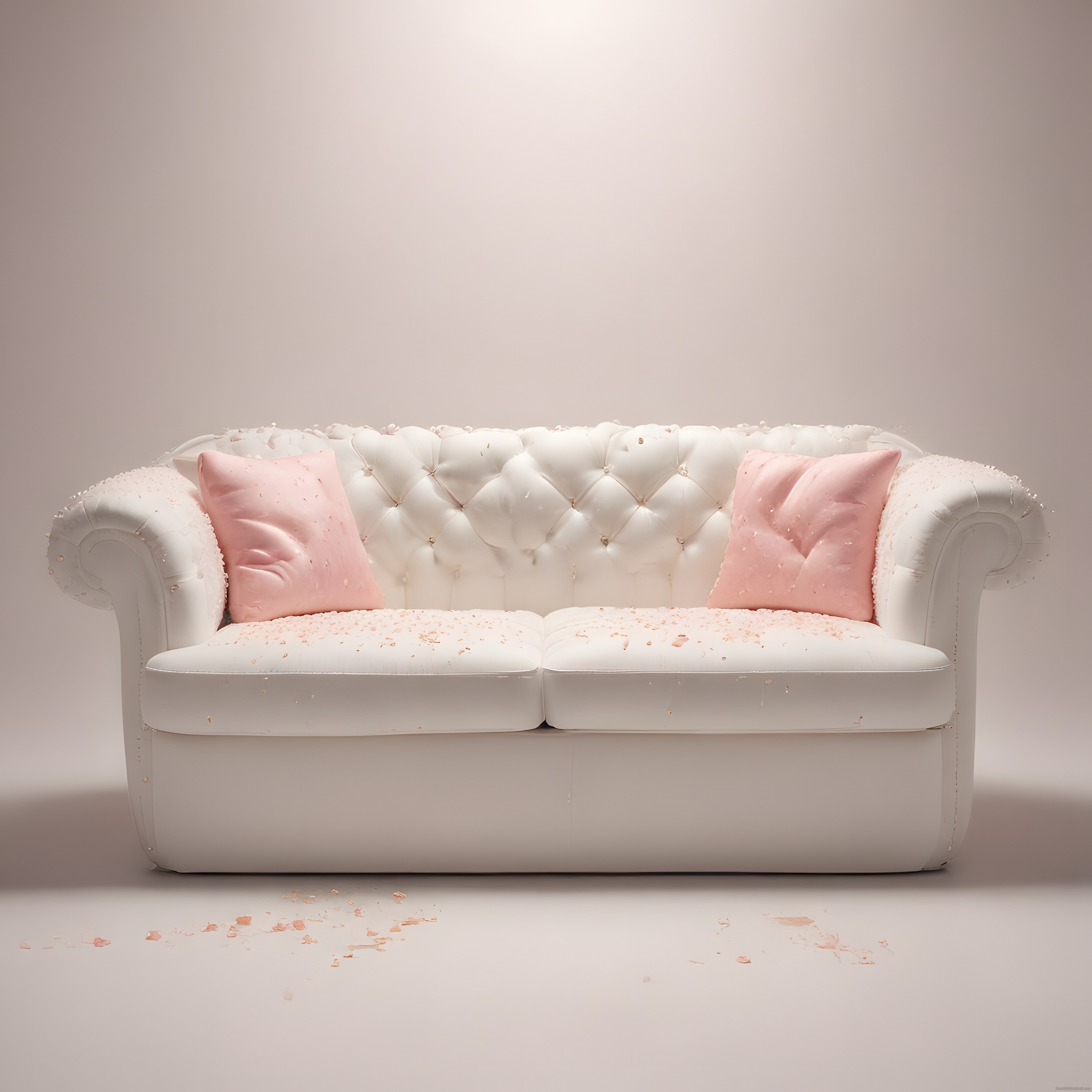 Pembe Yastıklı Beyaz Chesterfield Koltuk ve Minimalist Dekorasyon Stili