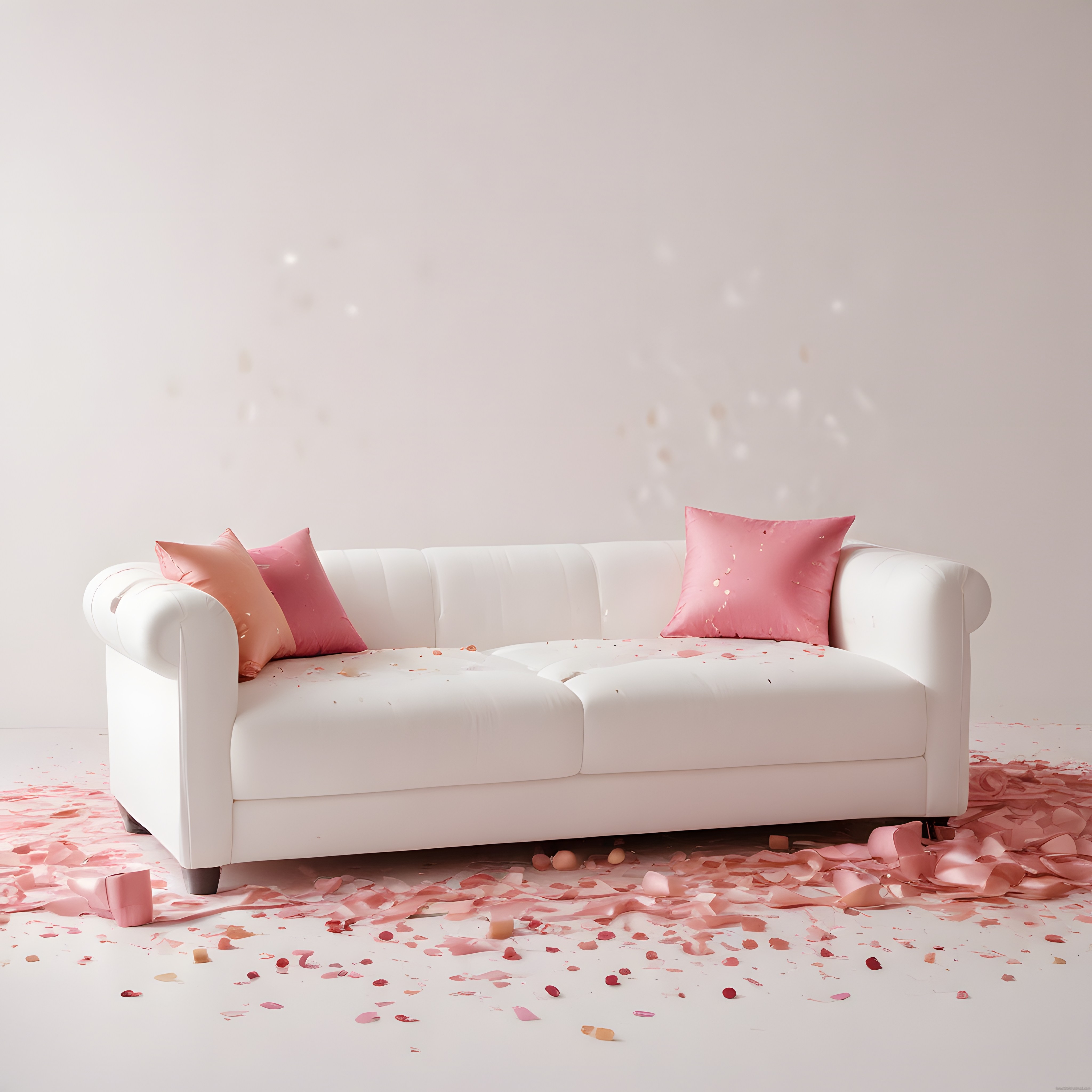 Pembe Yastıklı Beyaz Kanepe ve Gül Yapraklarıyla Romantik Salon Dekoru