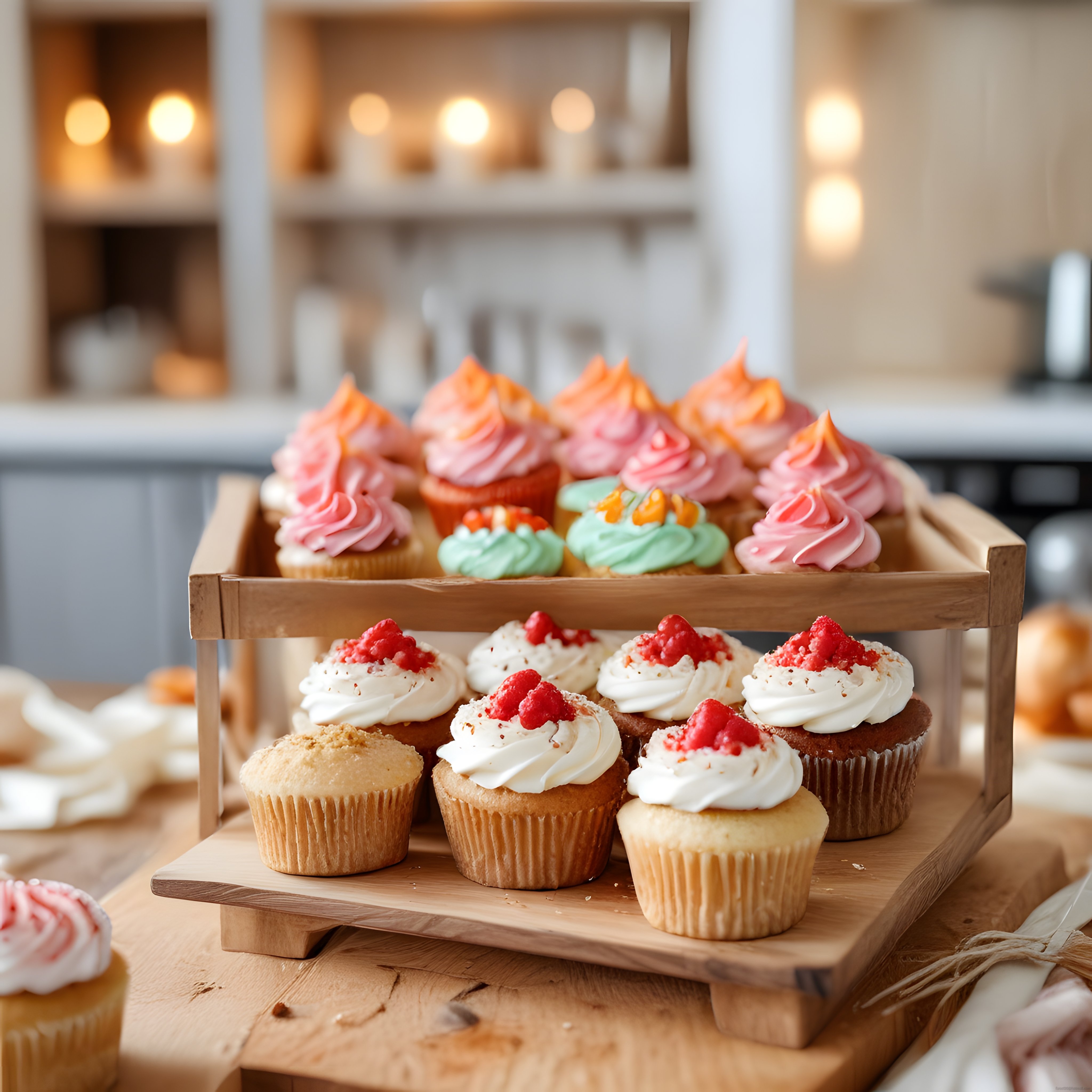 Pembe Yeşil Kremalı Cupcakeler ve Ahududulu Muffinlerin Lezzetli Sunumu