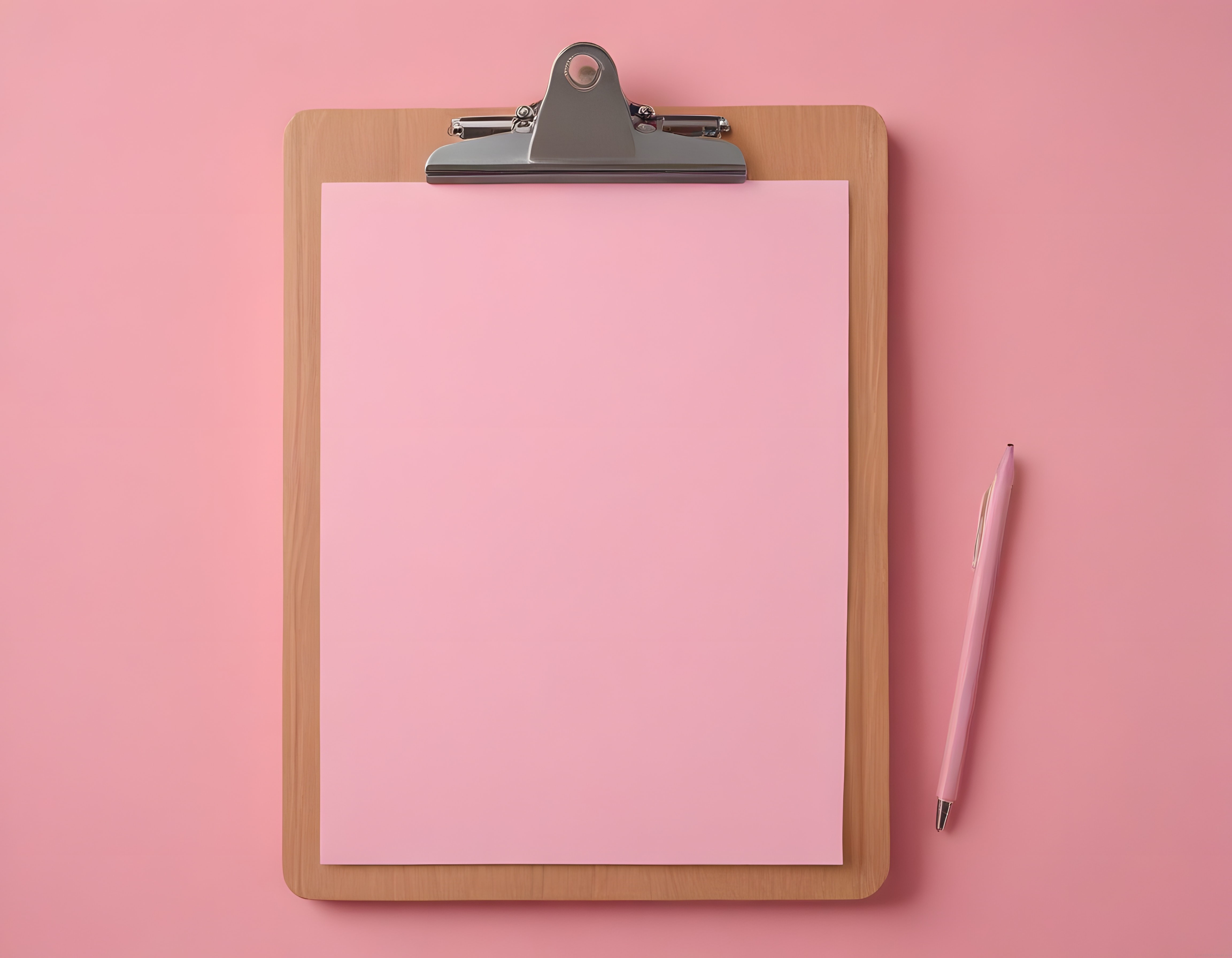 Pembe zemin üzerinde ahşap clipboard, boş not kağıdı ve pastel kalem düzeni
