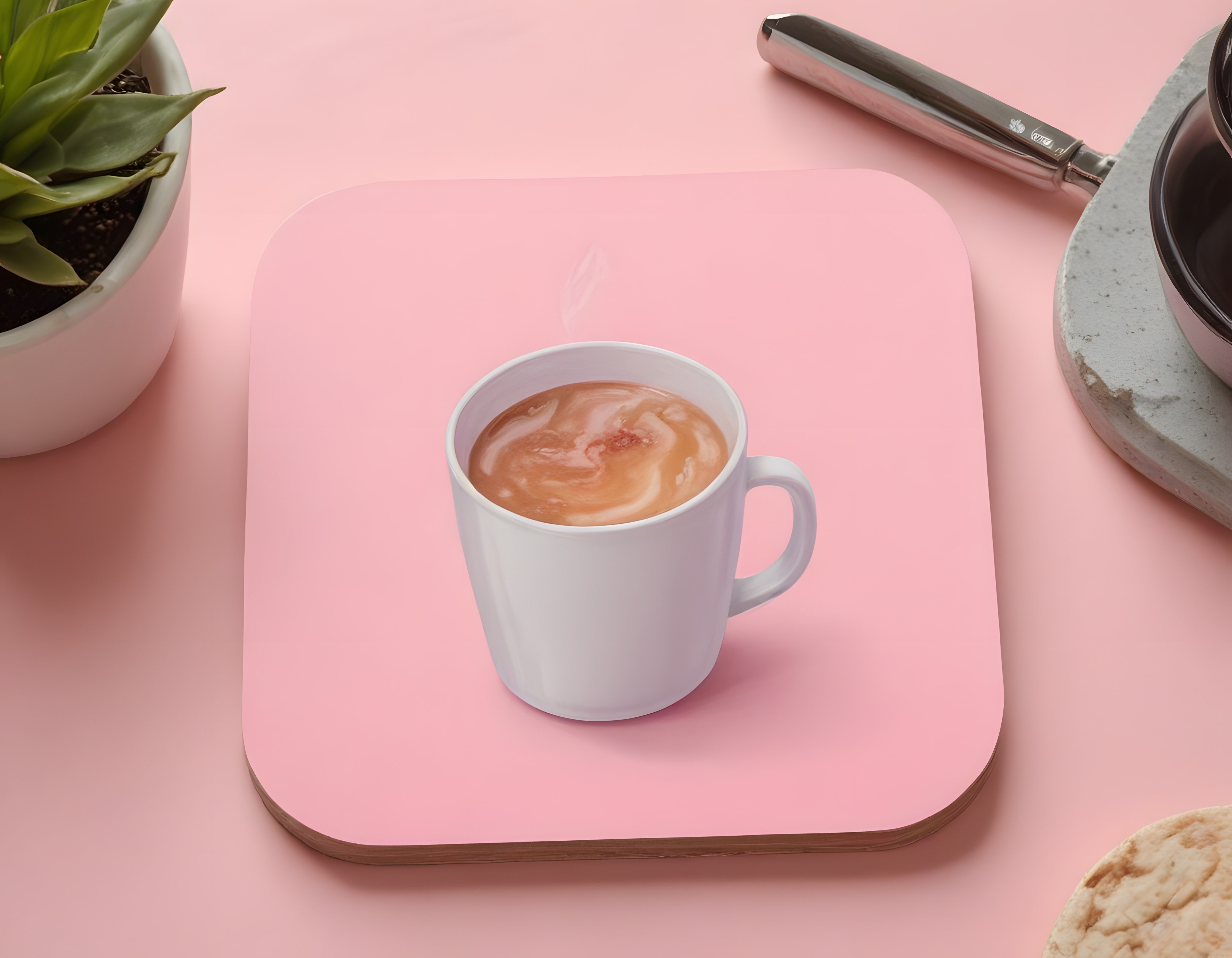 Pembe Zemin Üzerinde Buhar Tüten Kahve ve Ekmekli Minimalist Sabah