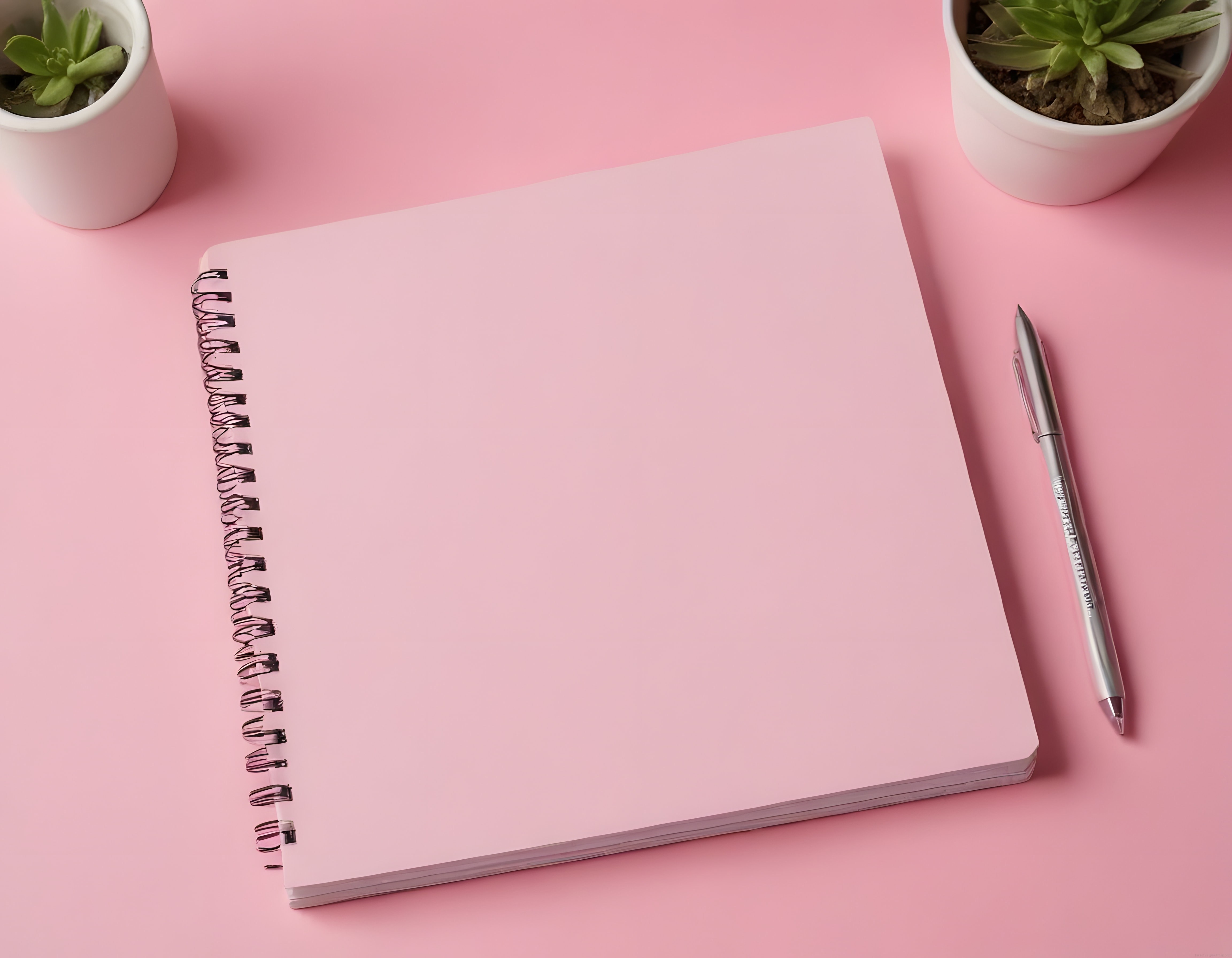 Pembe Zemin Üzerinde Düz Yatay Çekim Spiral Defter ve Sukulent Dekoru