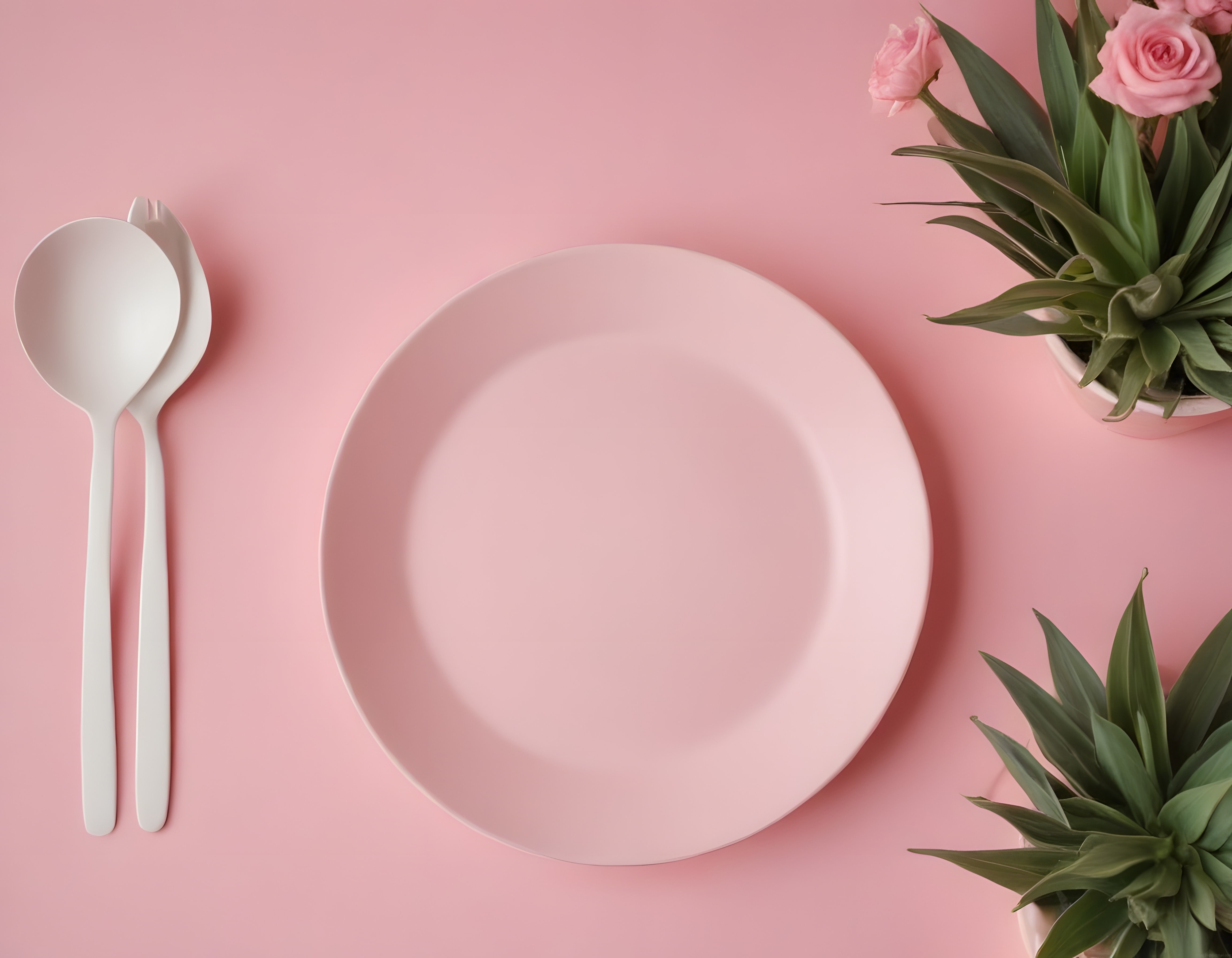 Pembe Zemin Üzerinde Minimal Masa Düzeni ve Dekoratif Bitkiler