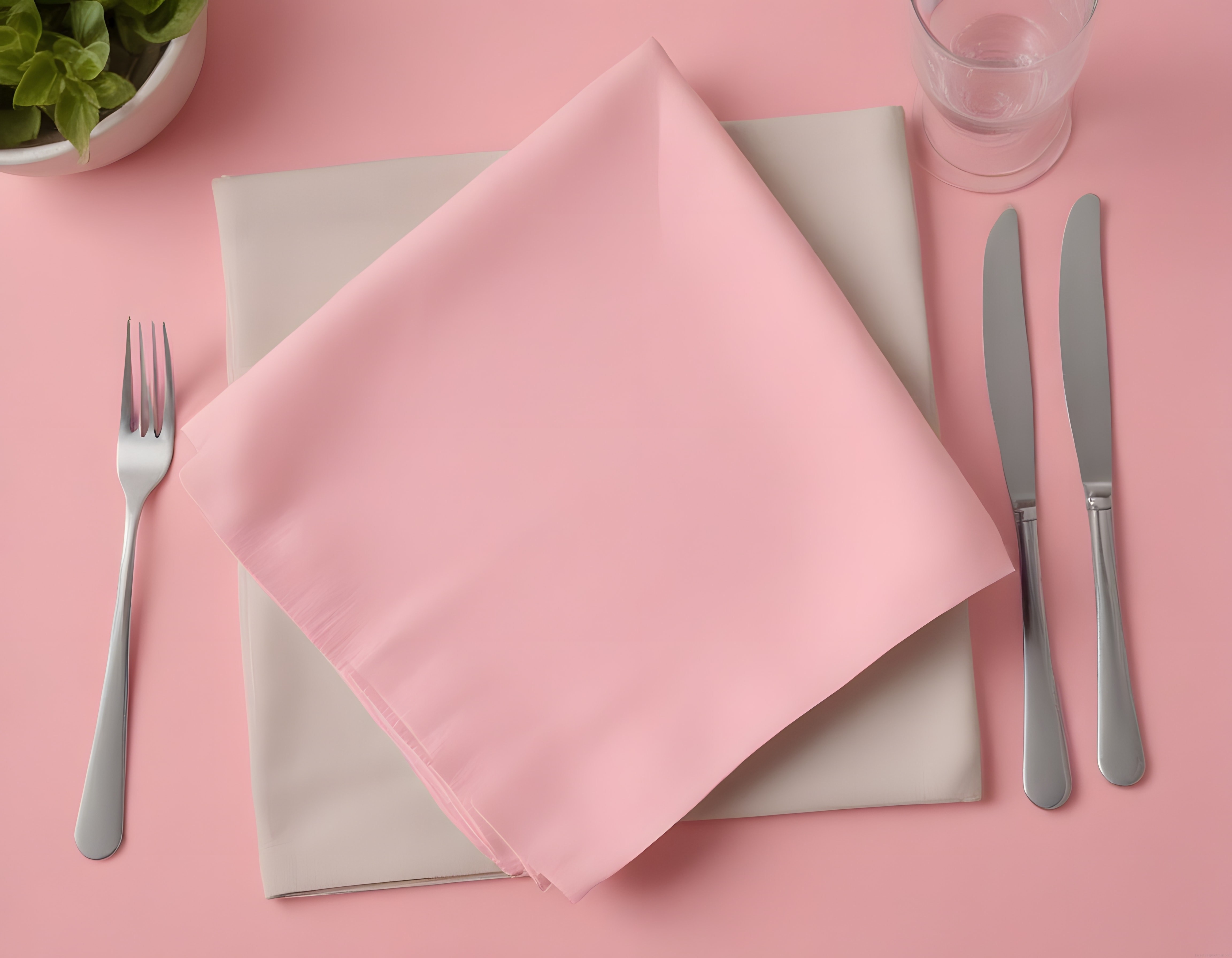 Pembe Zemin Üzerinde Minimal Sofra Düzeni ve Pastel Peçete Sunumu