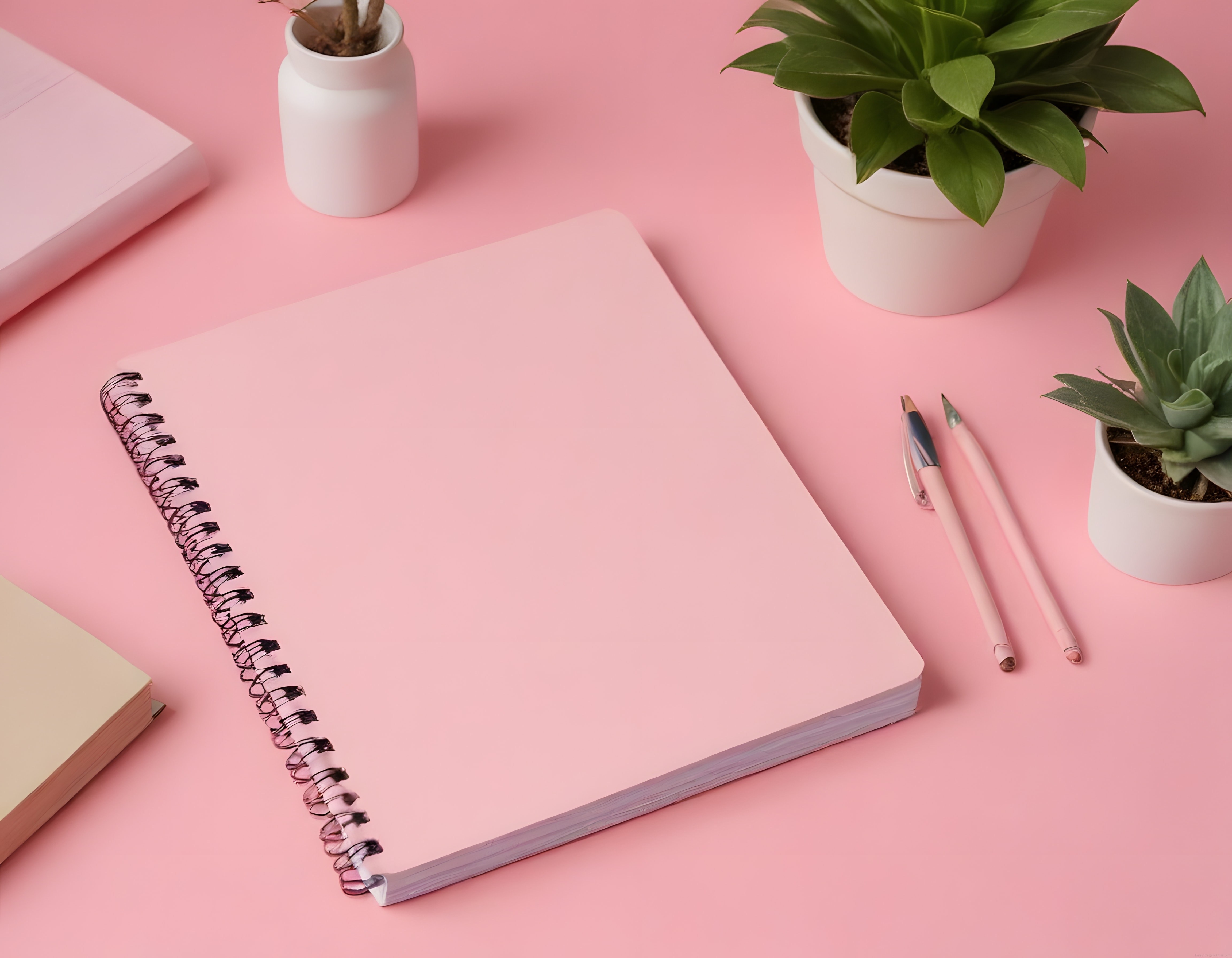 Pembe Zemin Üzerinde Minimalist Çalışma Masası ve Ofis Dekoru