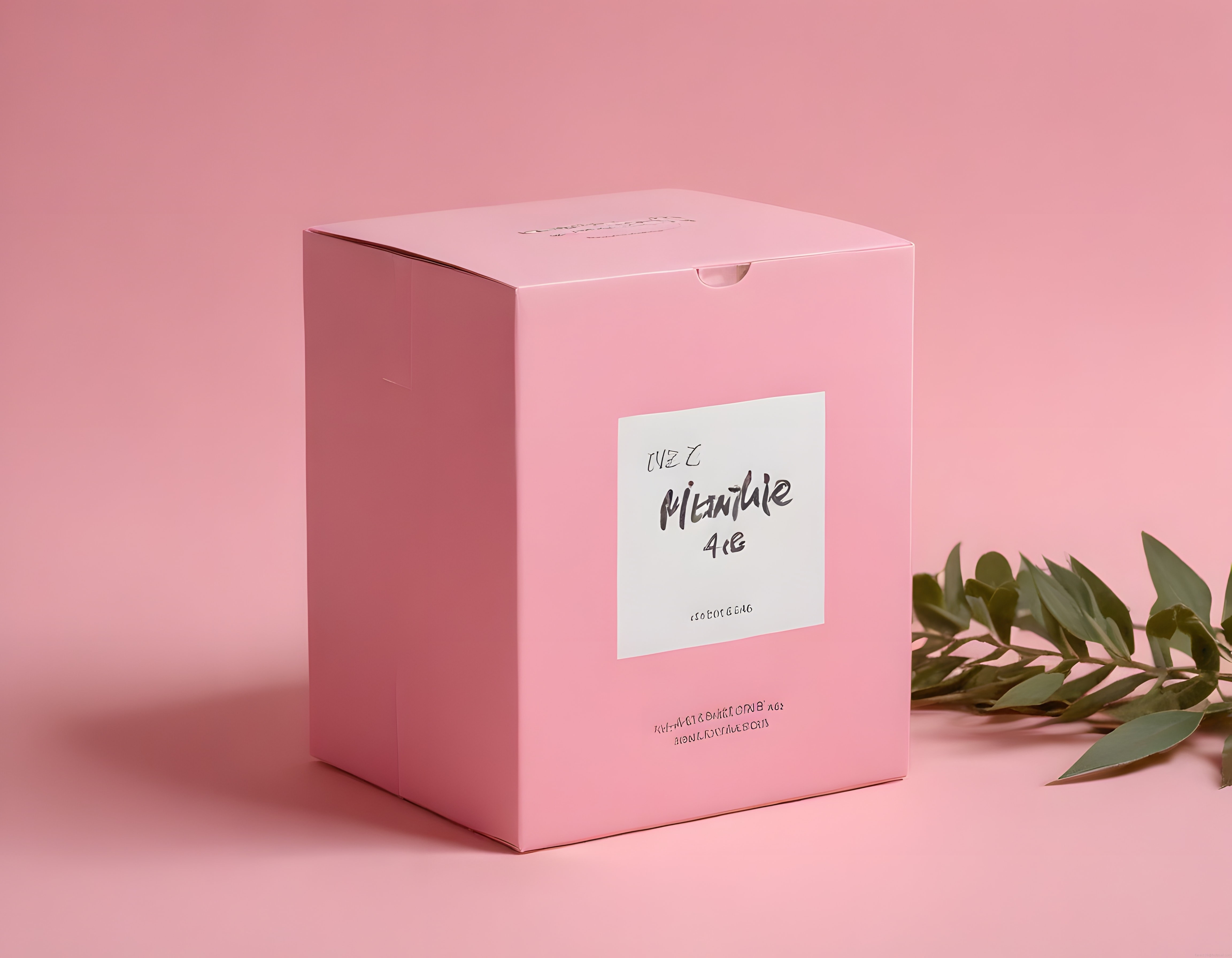 Pembe zemin üzerinde minimalist parfüm kutusu ve yeşil yaprak detayı