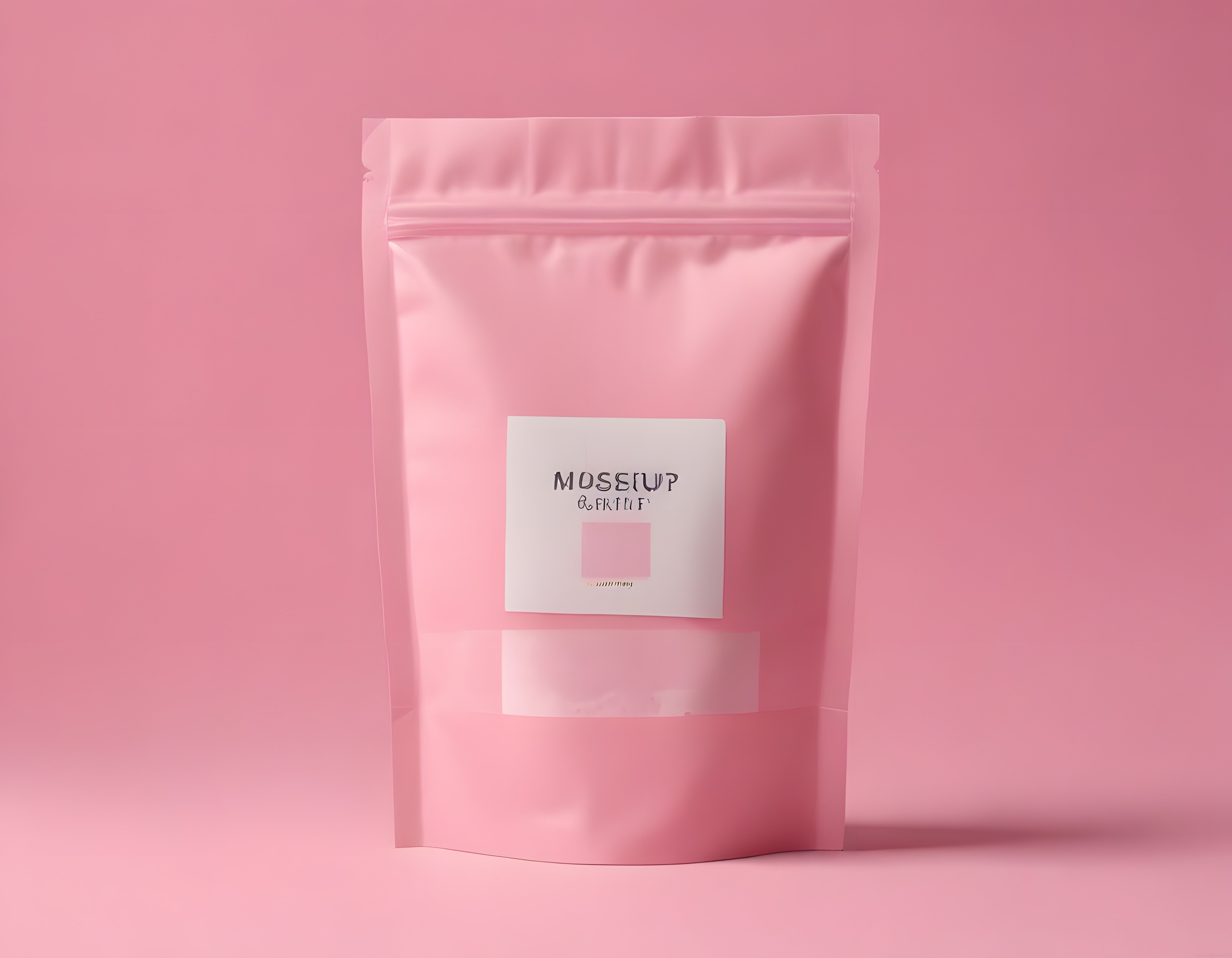 pembe zemin üzerinde minimalist pembe doypack ambalaj ve marka sunumu