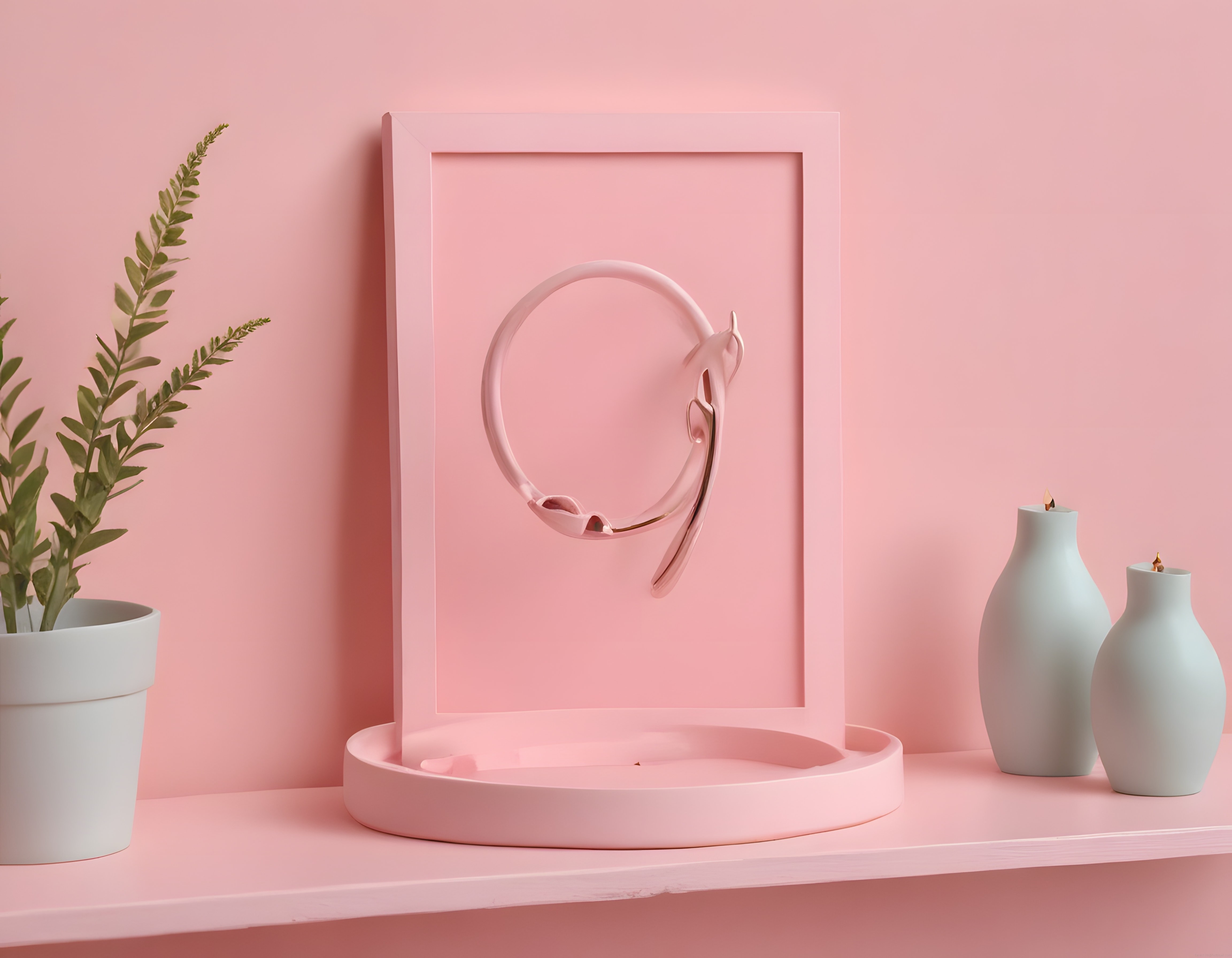 Pembe zemin üzerinde modern saat ve mint mumlarla minimalist dekorasyon tasarımı Pembe zemin üzerinde modern saat ve mint mumlarla minimalist dekorasyon tasarımı