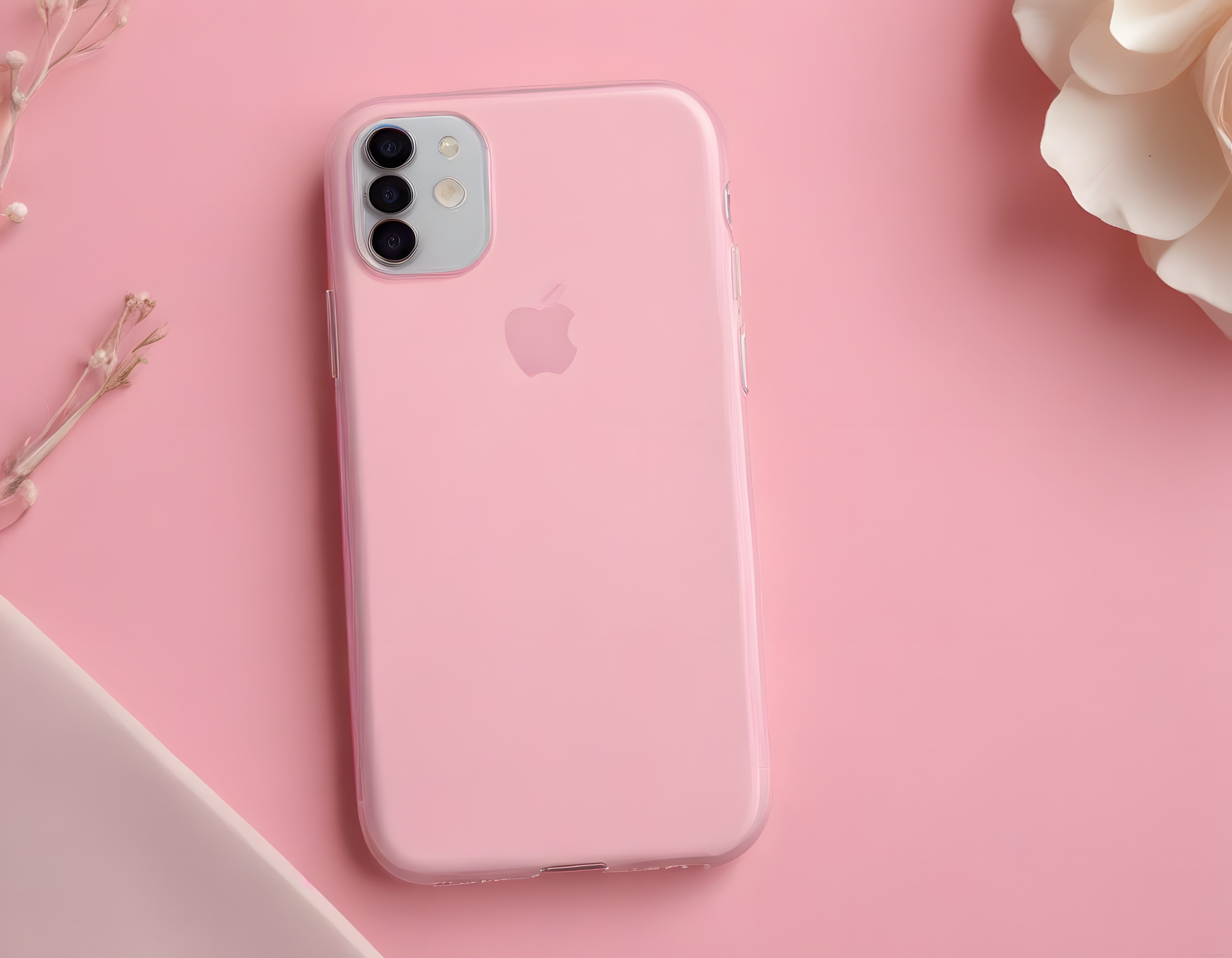 Pembe Zemin Üzerinde Şeffaf iPhone Kılıfı ve Kurutulmuş Çiçek Dekoru