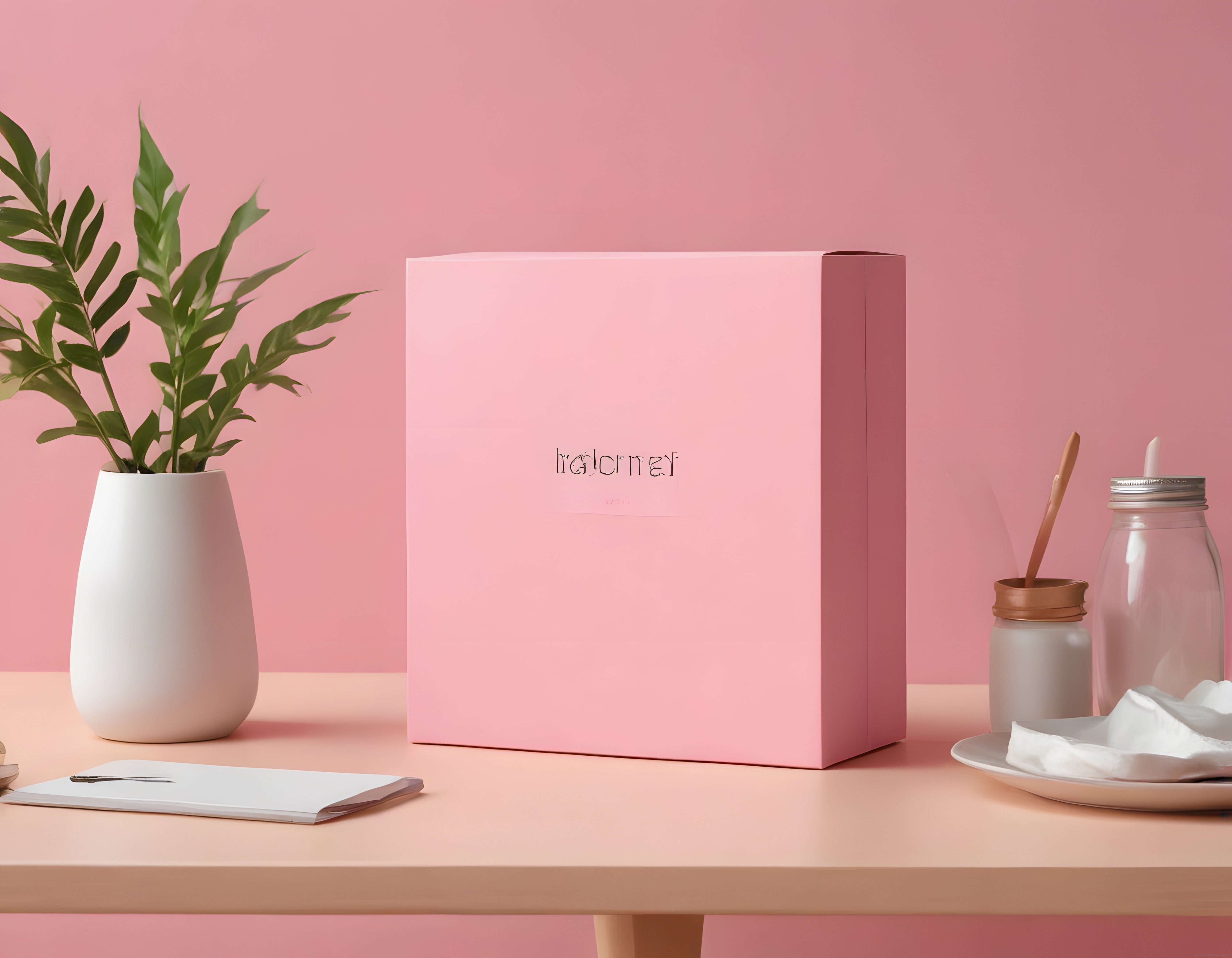 Pembe Zemin Üzerinde Şık Ürün Kutusu ve Minimalist Masa Düzeni Görseli
