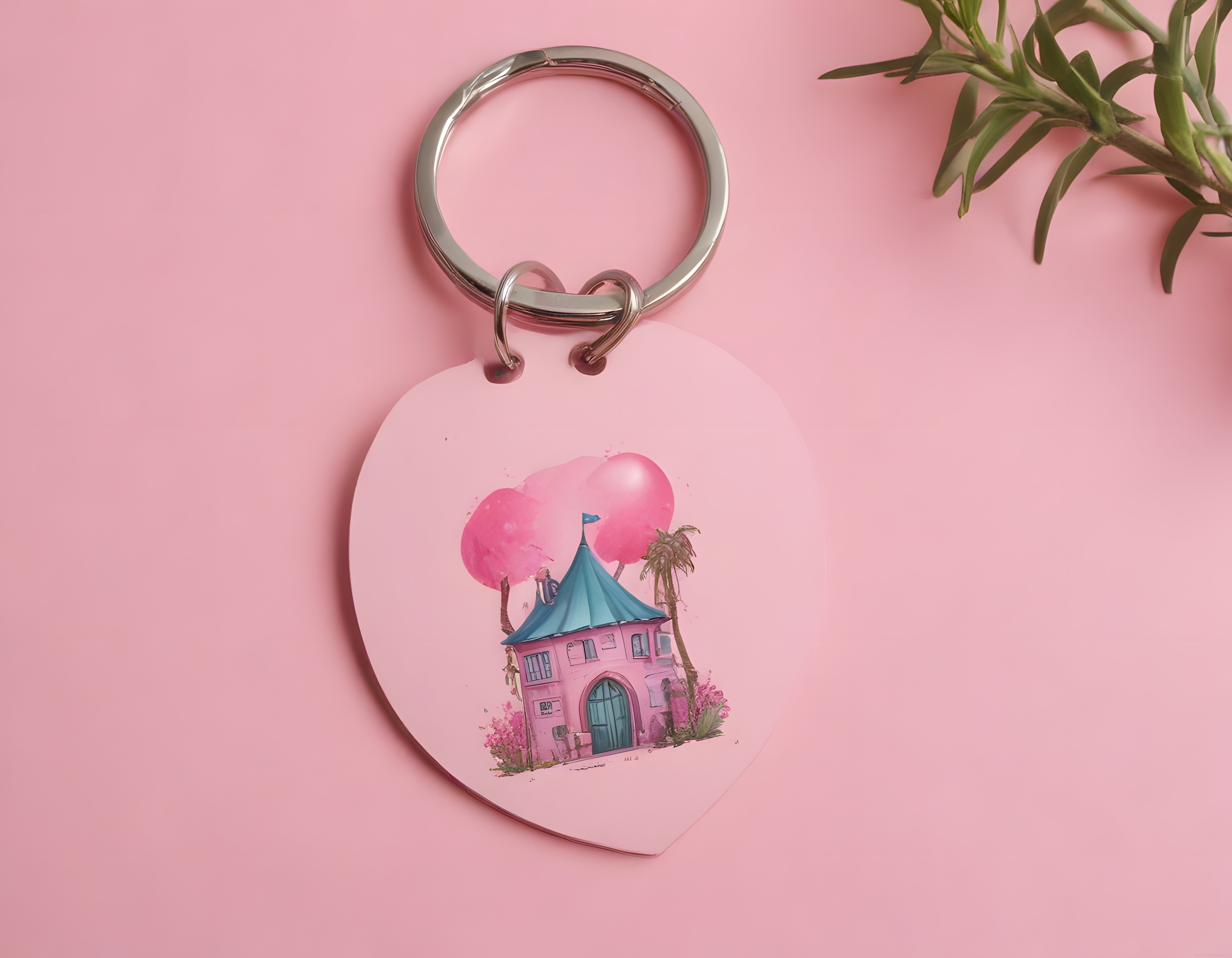 Pembe Zemin Üzerinde Suluboya Sevimli Ev Desenli Kalp Anahtarlık
