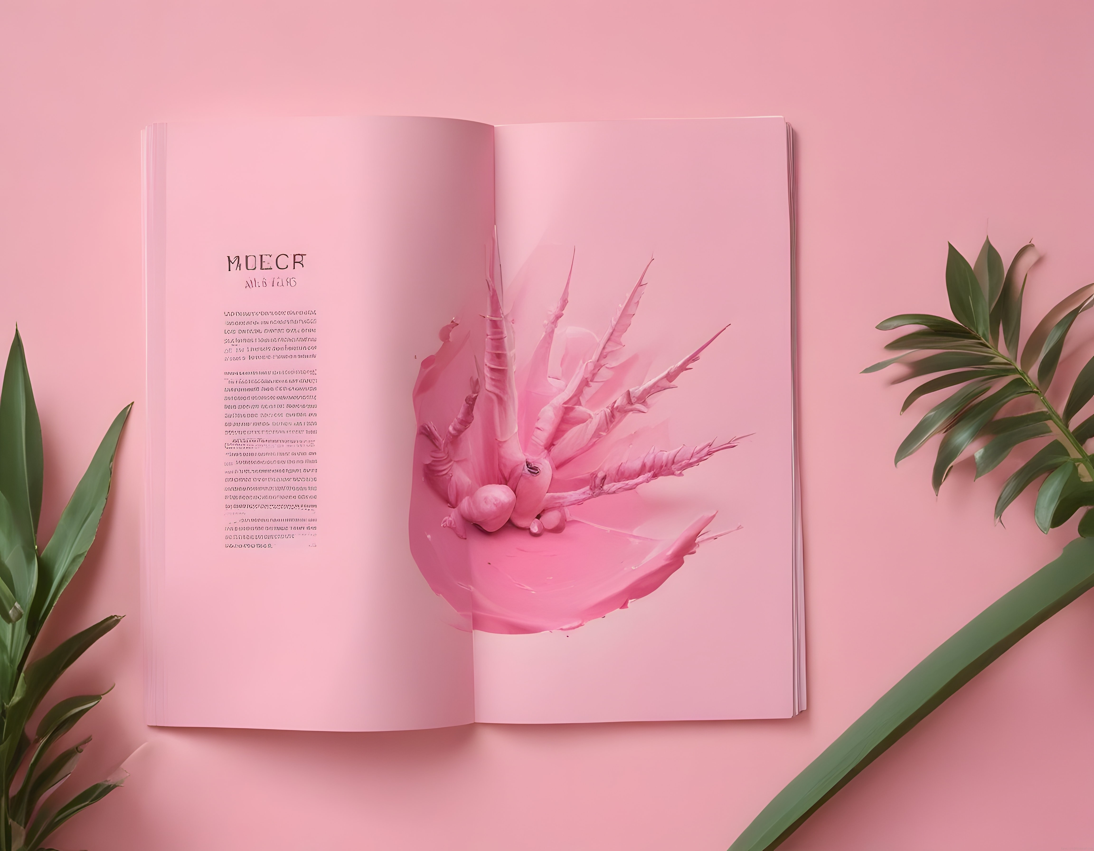 Pembe Zeminde Açık Dergi ve Tropikal Yapraklarla Sanatsal Flat Lay Çekimi