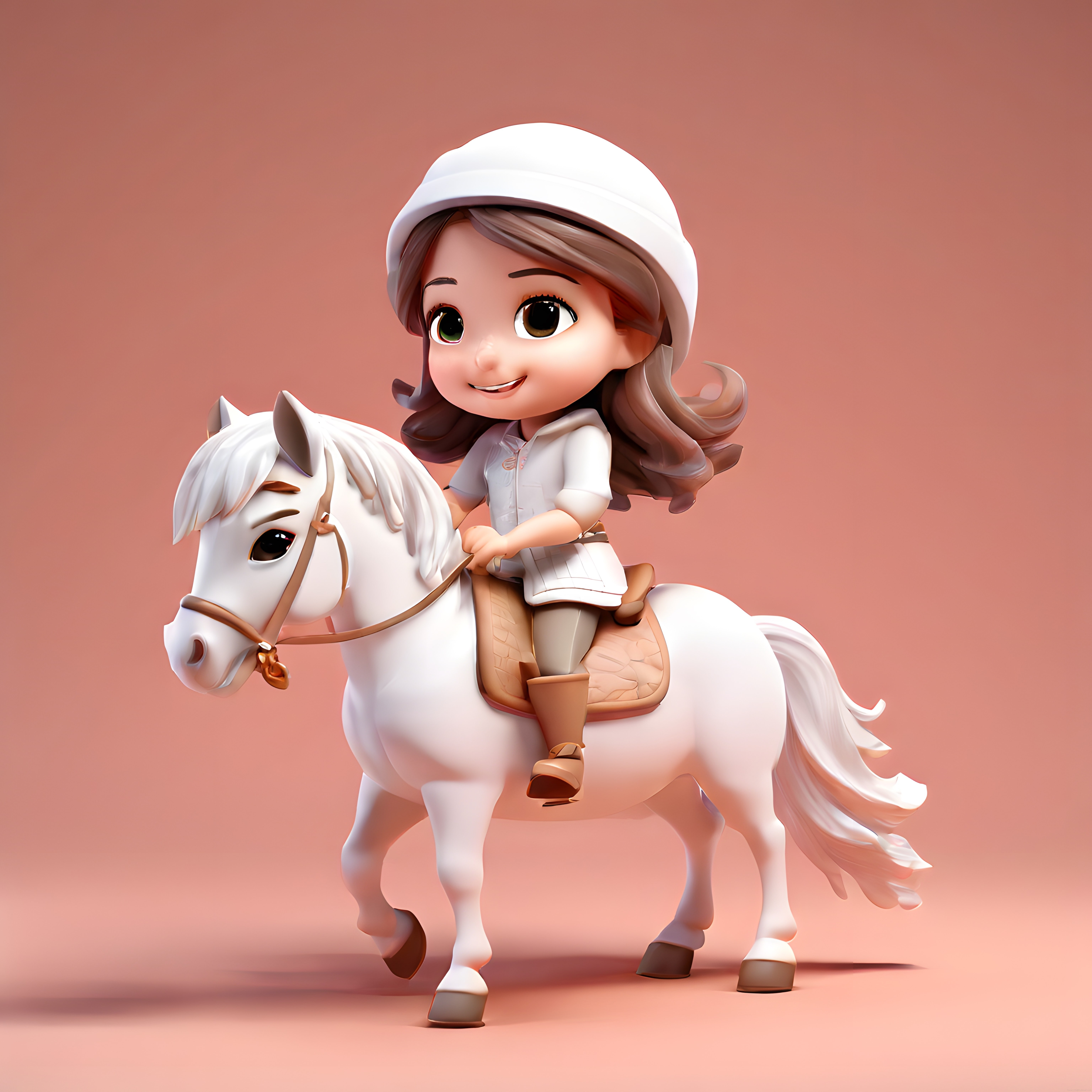 Pembe Zeminde Beyaz At Üstünde 3D Animasyon Sevimli Kız Karakteri