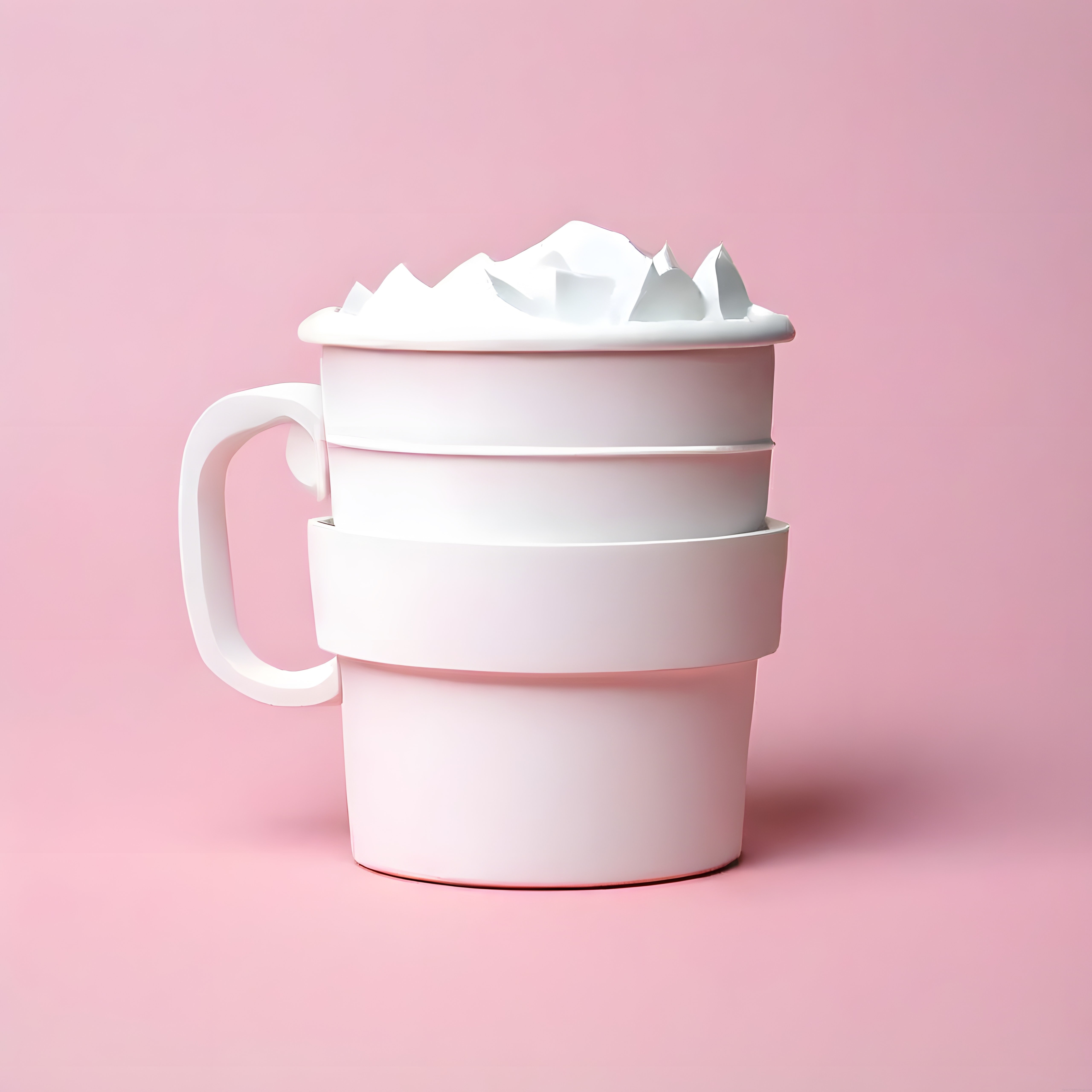 Pembe zeminde beyaz kağıt dağları andıran kapaklı minimalist kupa tasarımı