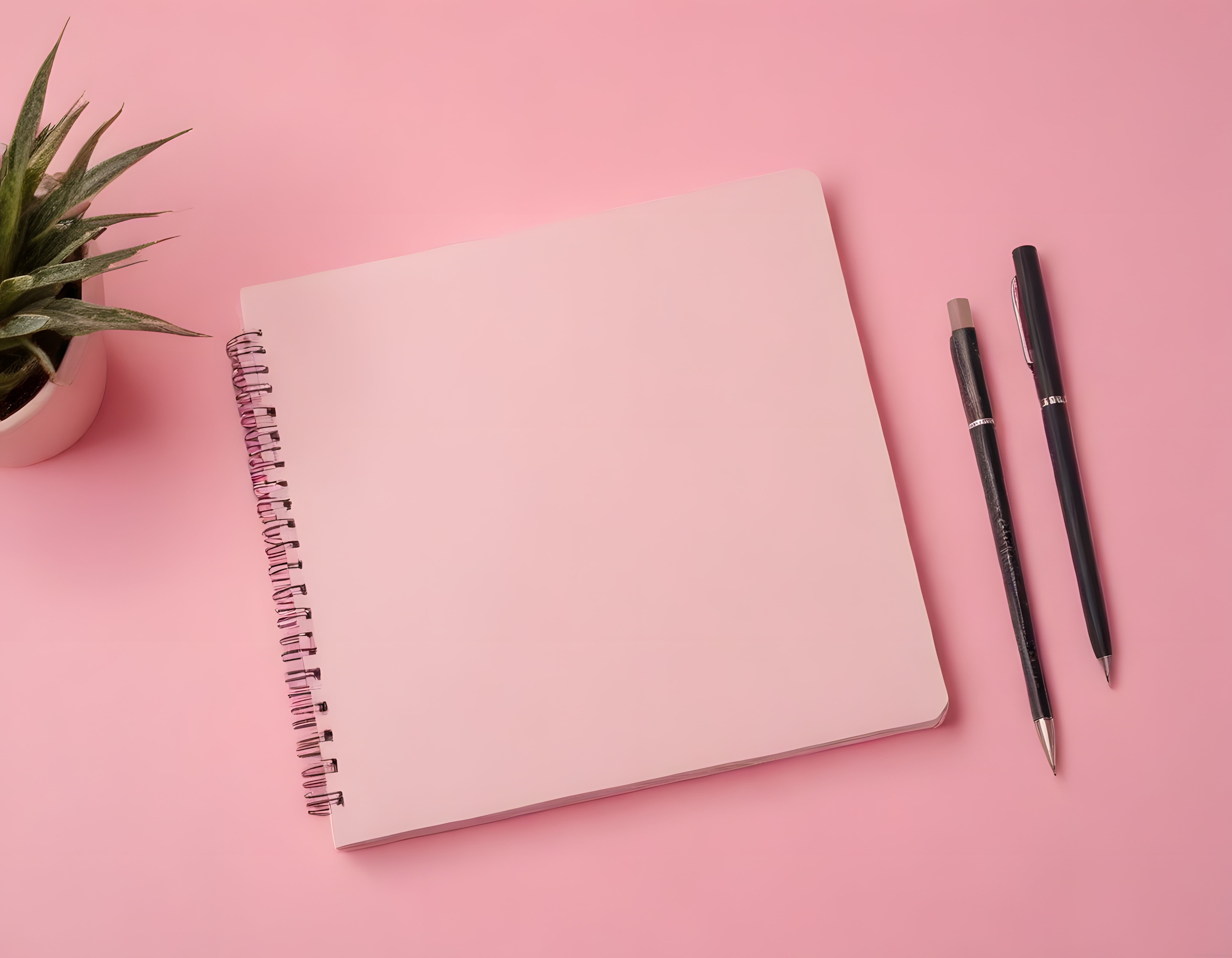Pembe Zeminde Boş Spiralli Defter ve Kalem ile Minimal Masa Düzeni