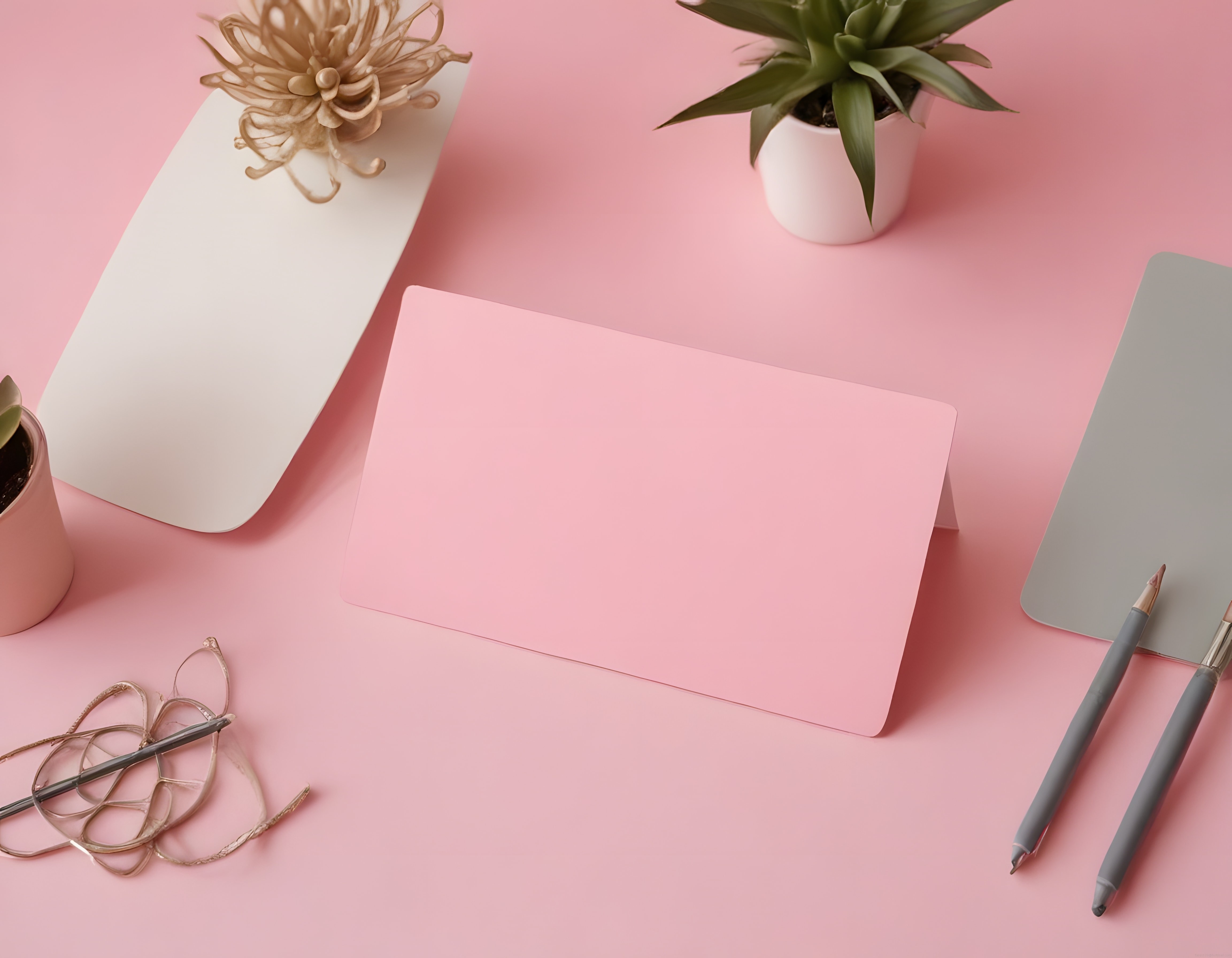 Pembe zeminde estetik çalışma masası düzeni ve minimalist kırtasiye detayları