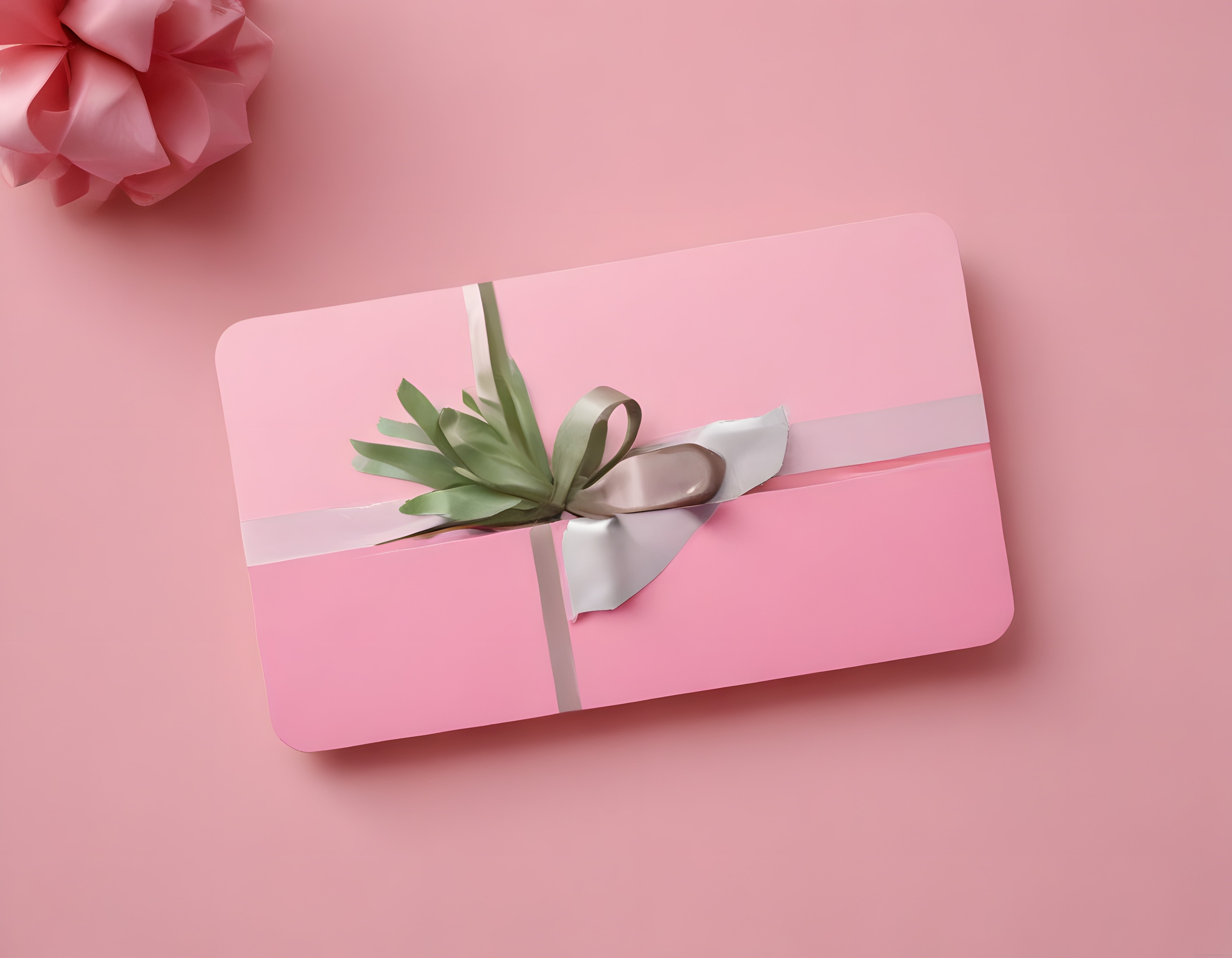 Pembe zeminde gümüş kurdele ve yeşil yapraklı şık hediye kutusu
