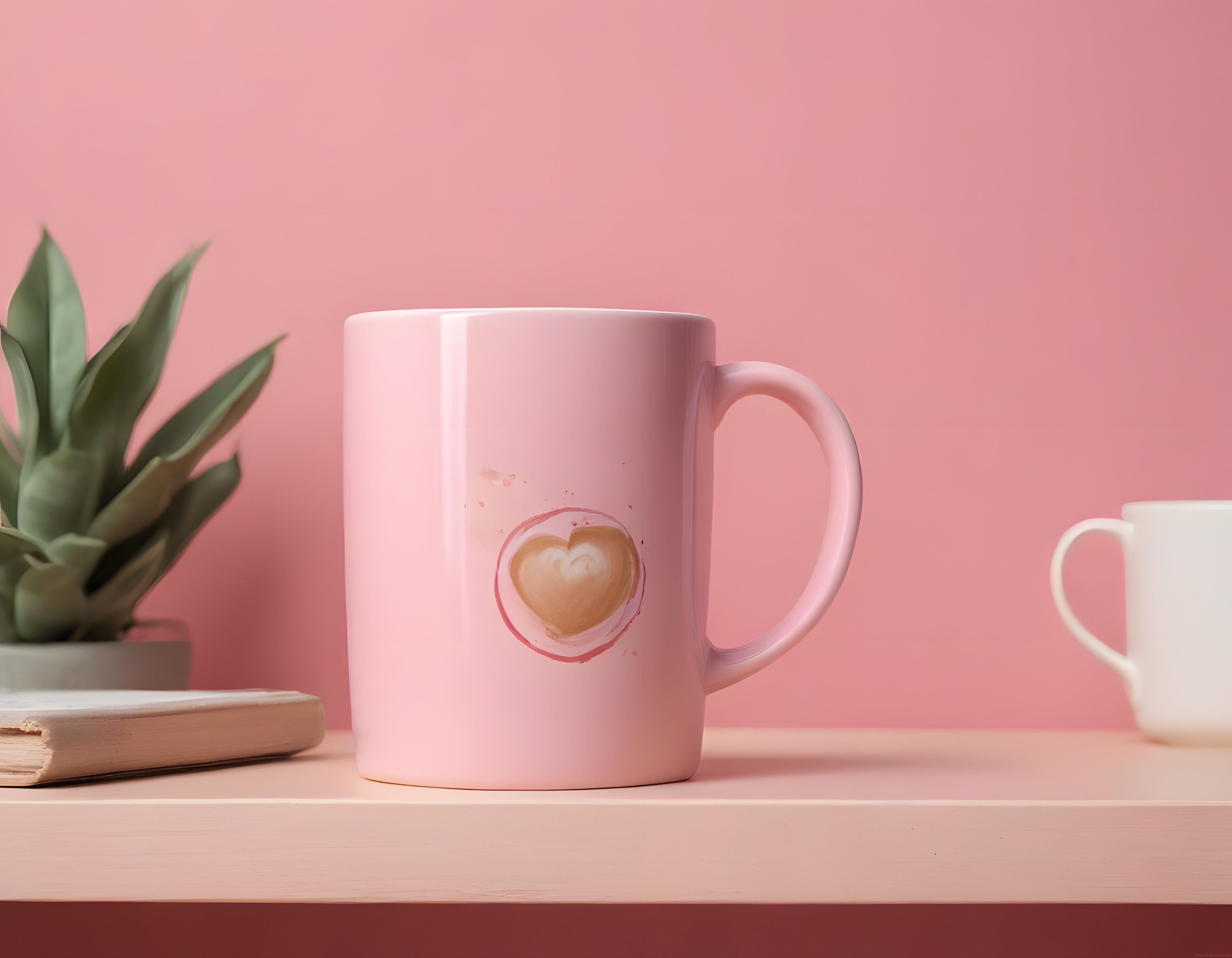pembe zeminde kalp motifli seramik kupa ve minimal dekoratif masa düzeni