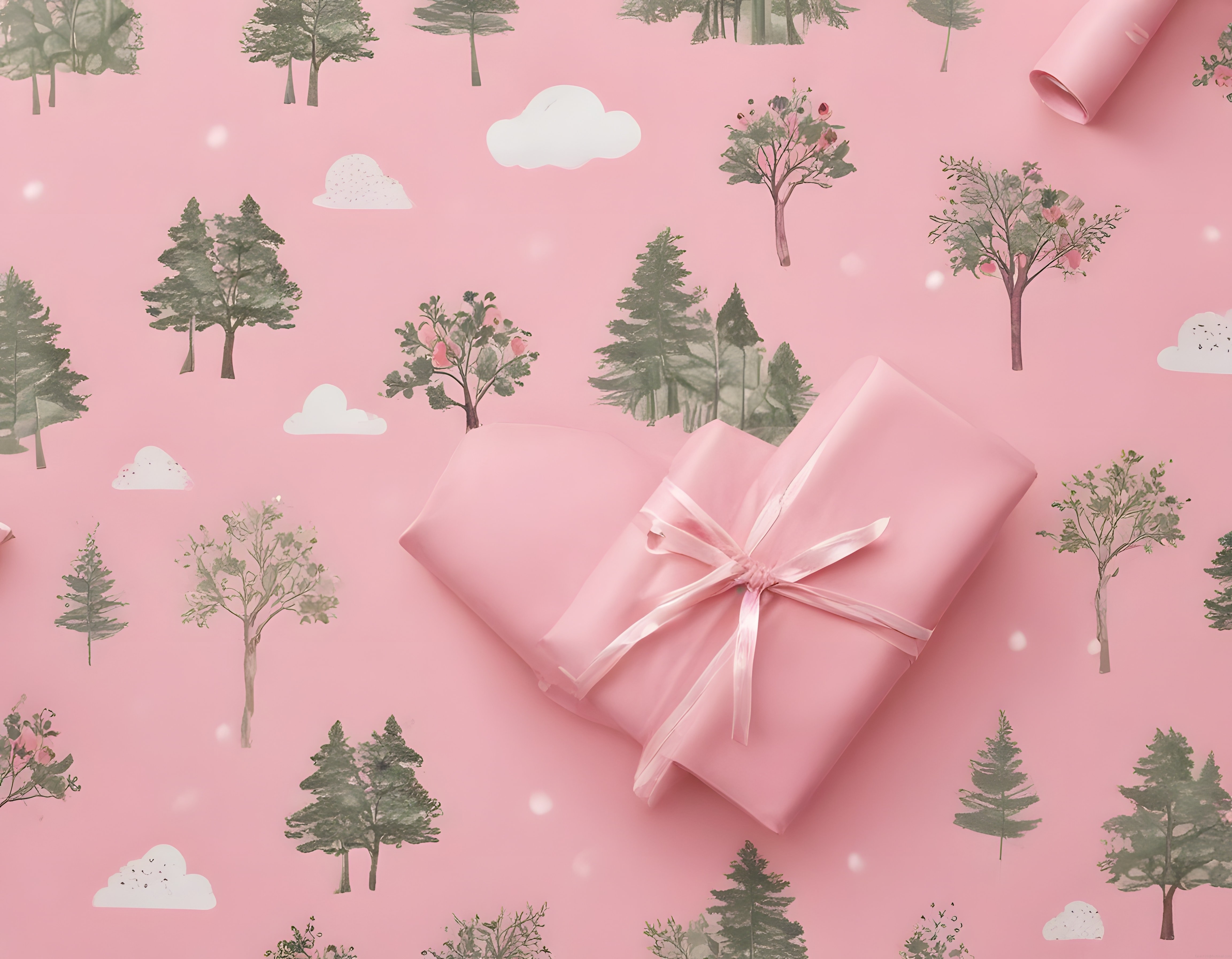Pembe Zeminde Kurdeleli Hediye ve Suluboya Ağaç Desenli Dekoratif Stil