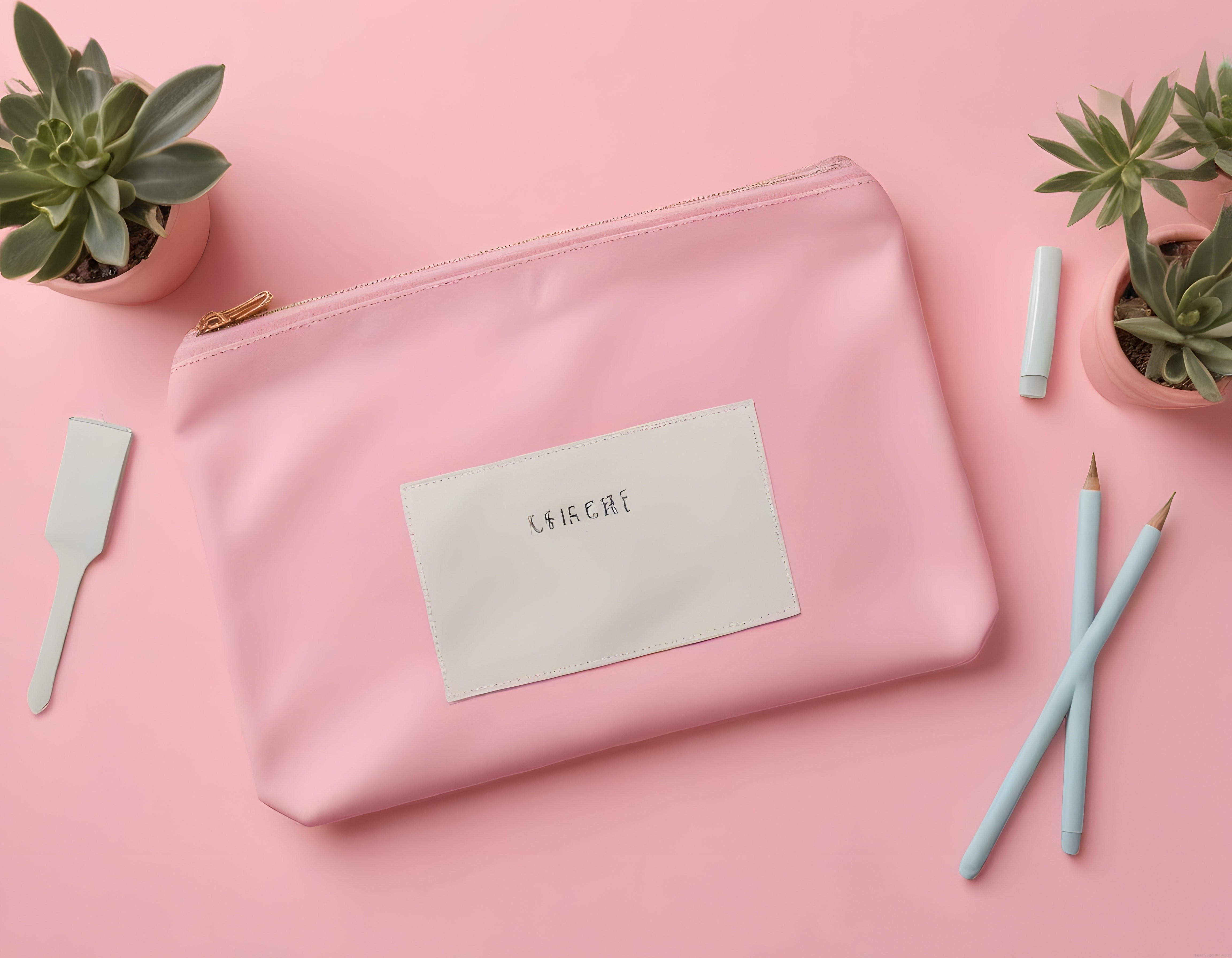 Pembe zeminde pastel detaylı şık makyaj çantası ve sukulent dekorasyonu