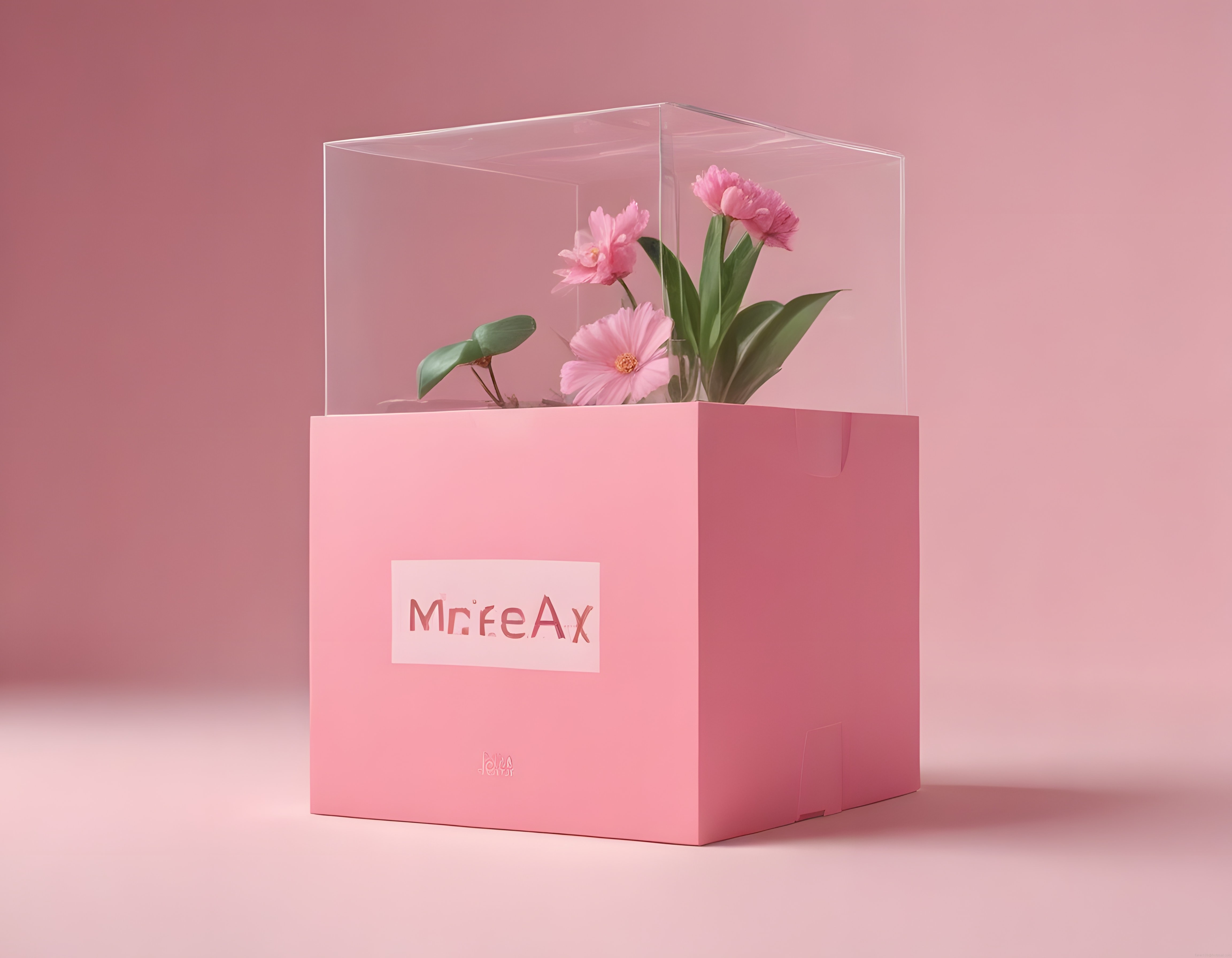 Pembe zeminde şeffaf kapaklı çiçek kutusu: modern hediye ve ev dekorasyonu