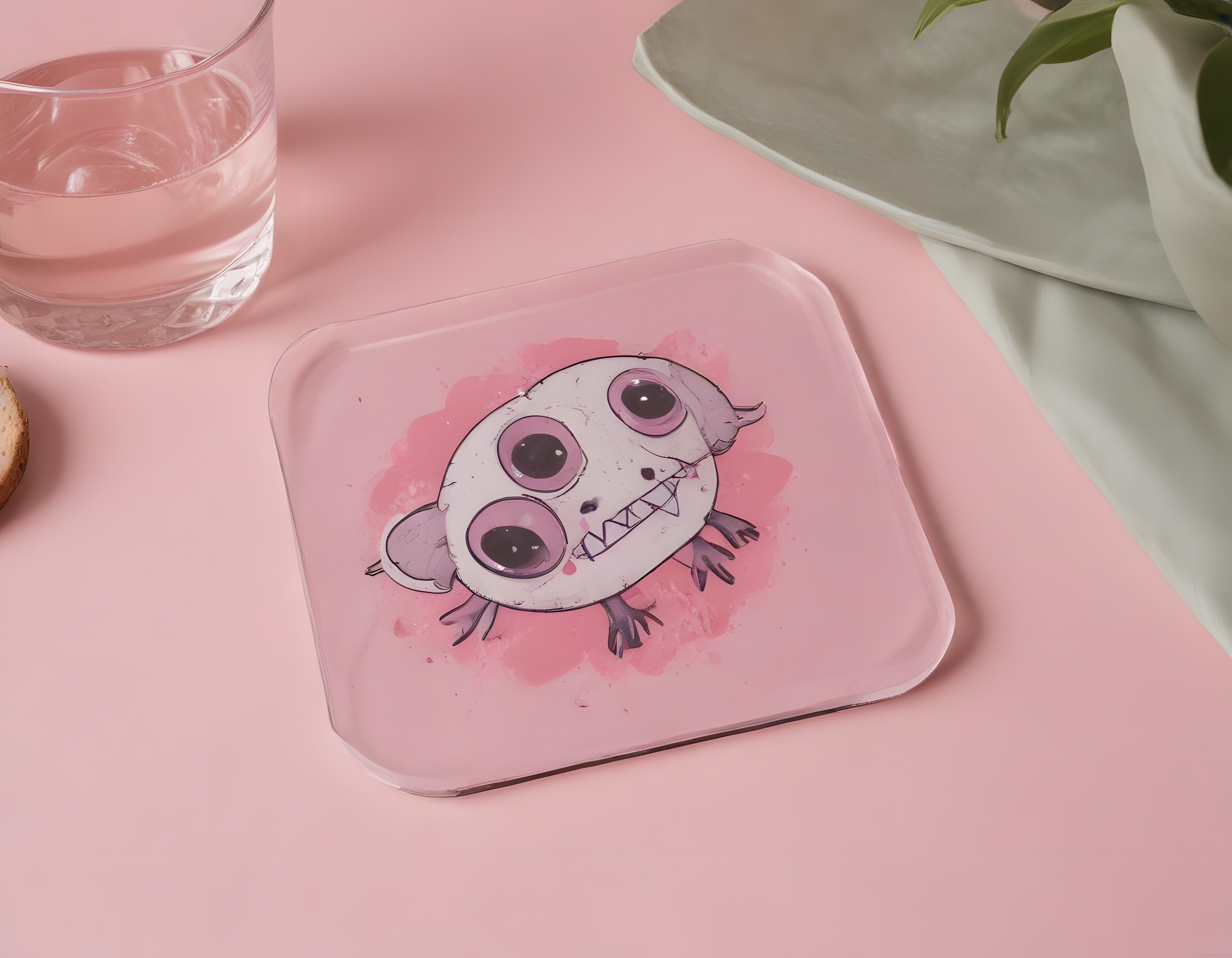 Pembe Zeminde Sevimli Canavar Tasarımlı Şeffaf Tepsi ve Pastel Masa Düzeni