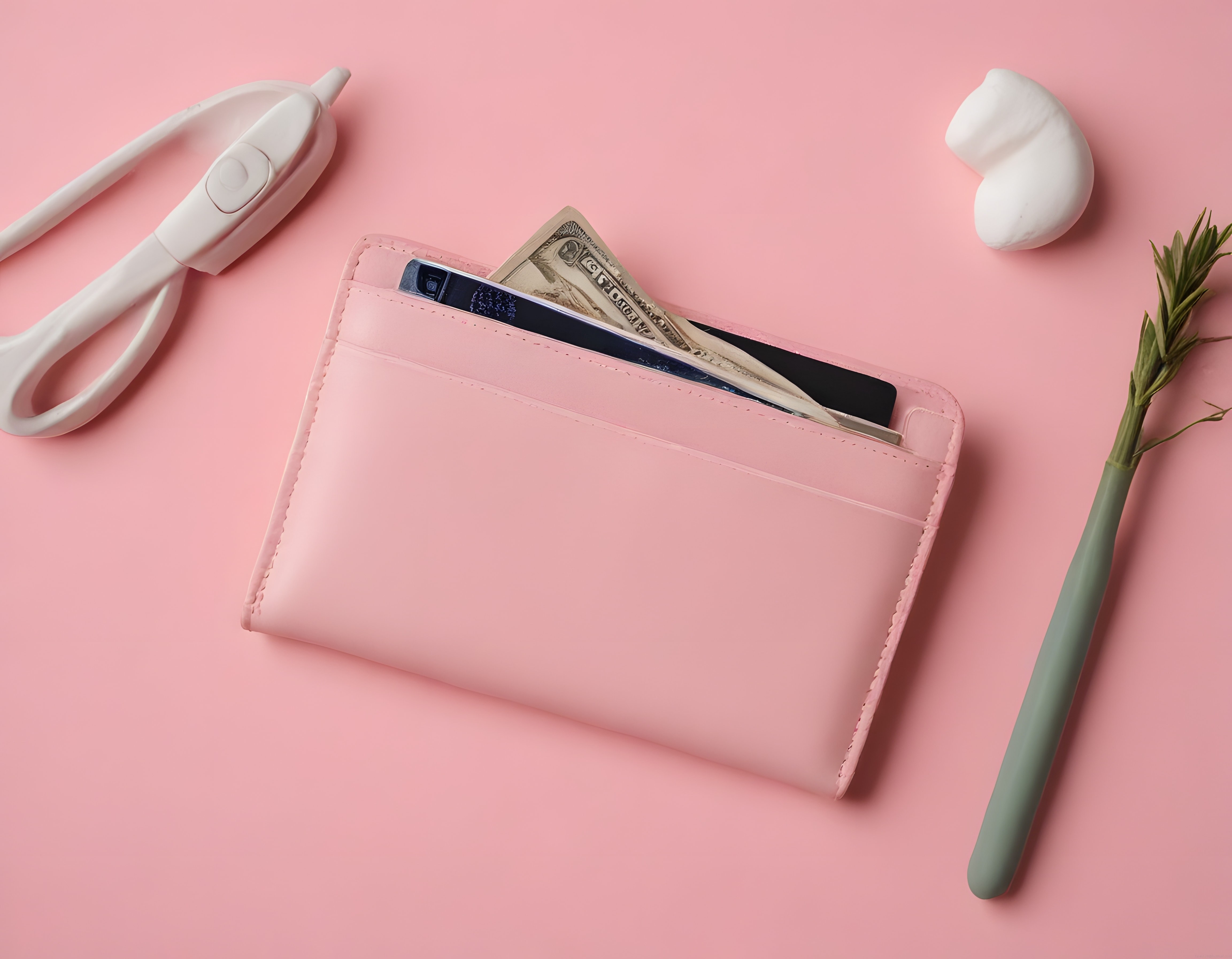 Pembe Zeminde Şık Deri Cüzdan ve Aksesuarlarla Minimal Ürün Komposisyonu
