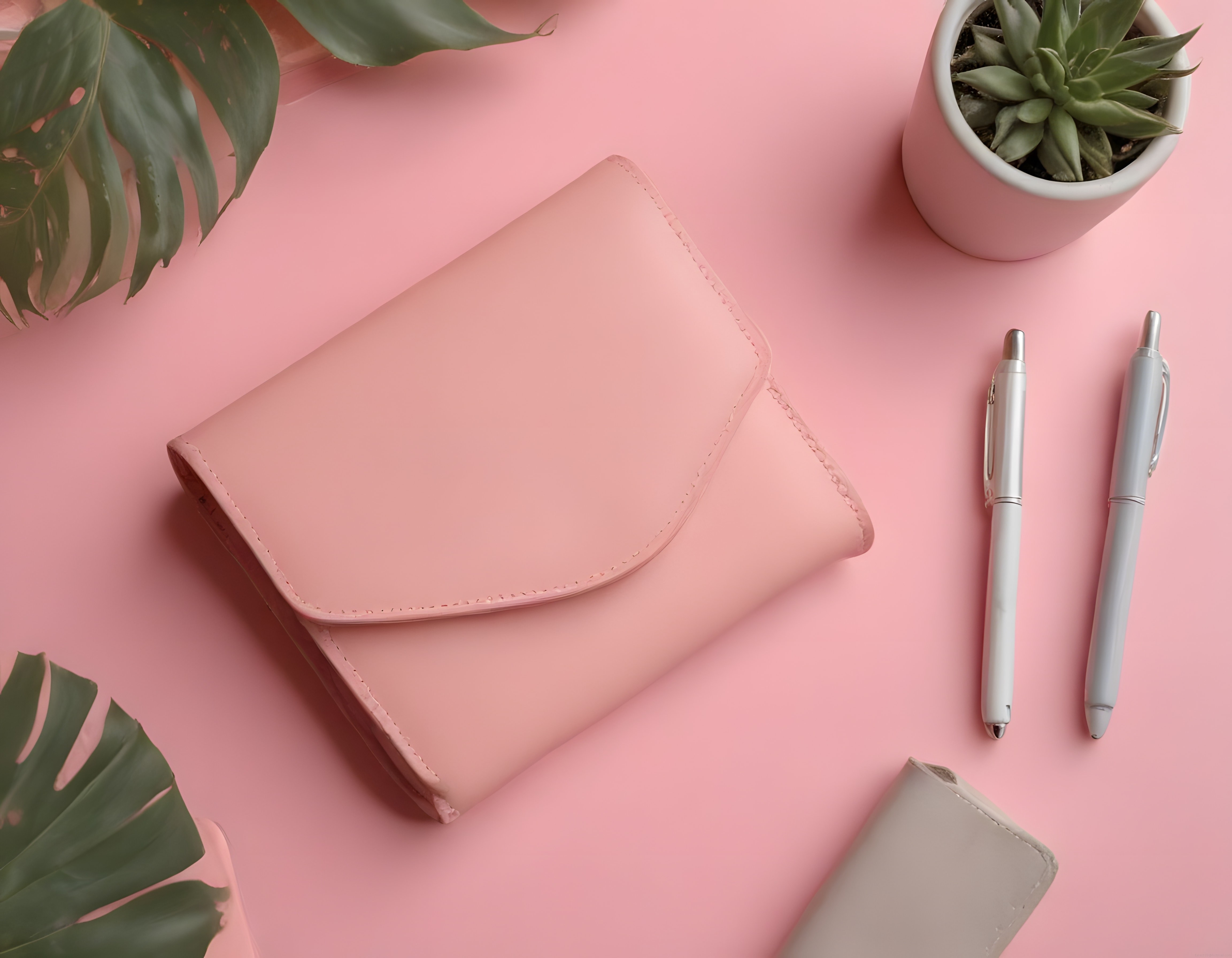 Pembe zeminde şık deri cüzdan ve minimalist ofis aksesuarları kompozisyonu