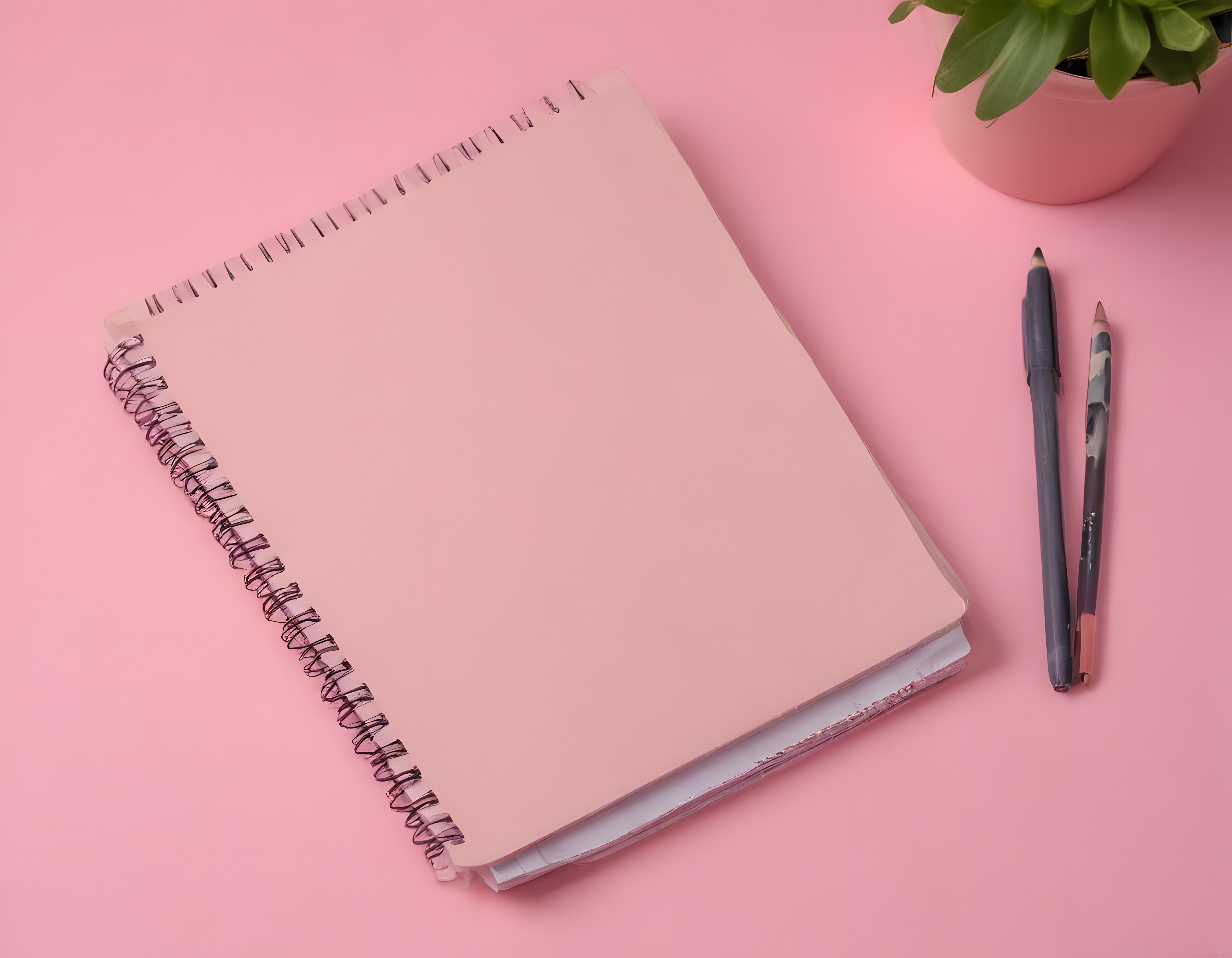 Pembe Zeminde Spiralli Defter ve Kalem: Estetik Masa Üstü Düzeni