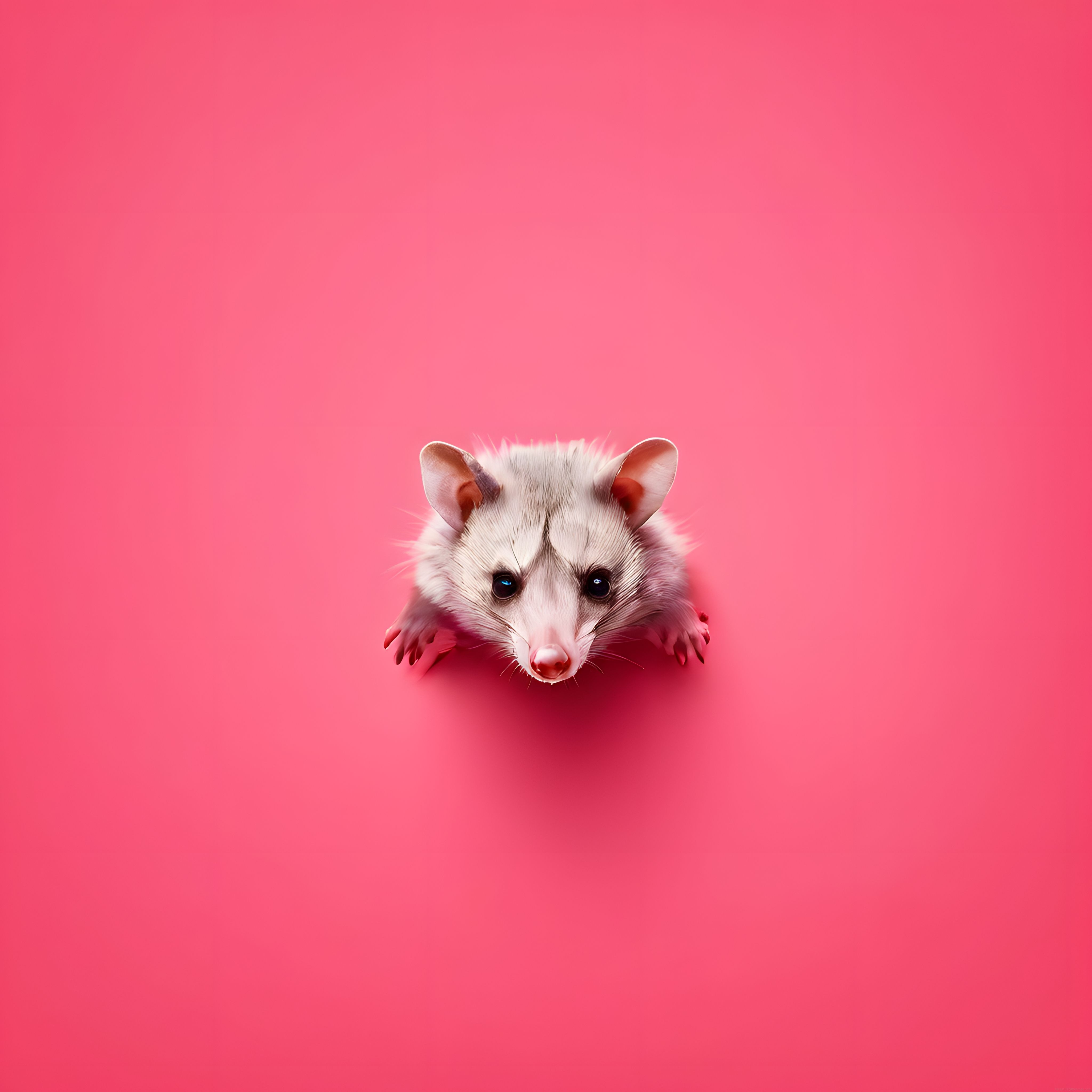 Pembe zeminde yukarıdan çekilmiş sevimli opossum yavrusu portresi