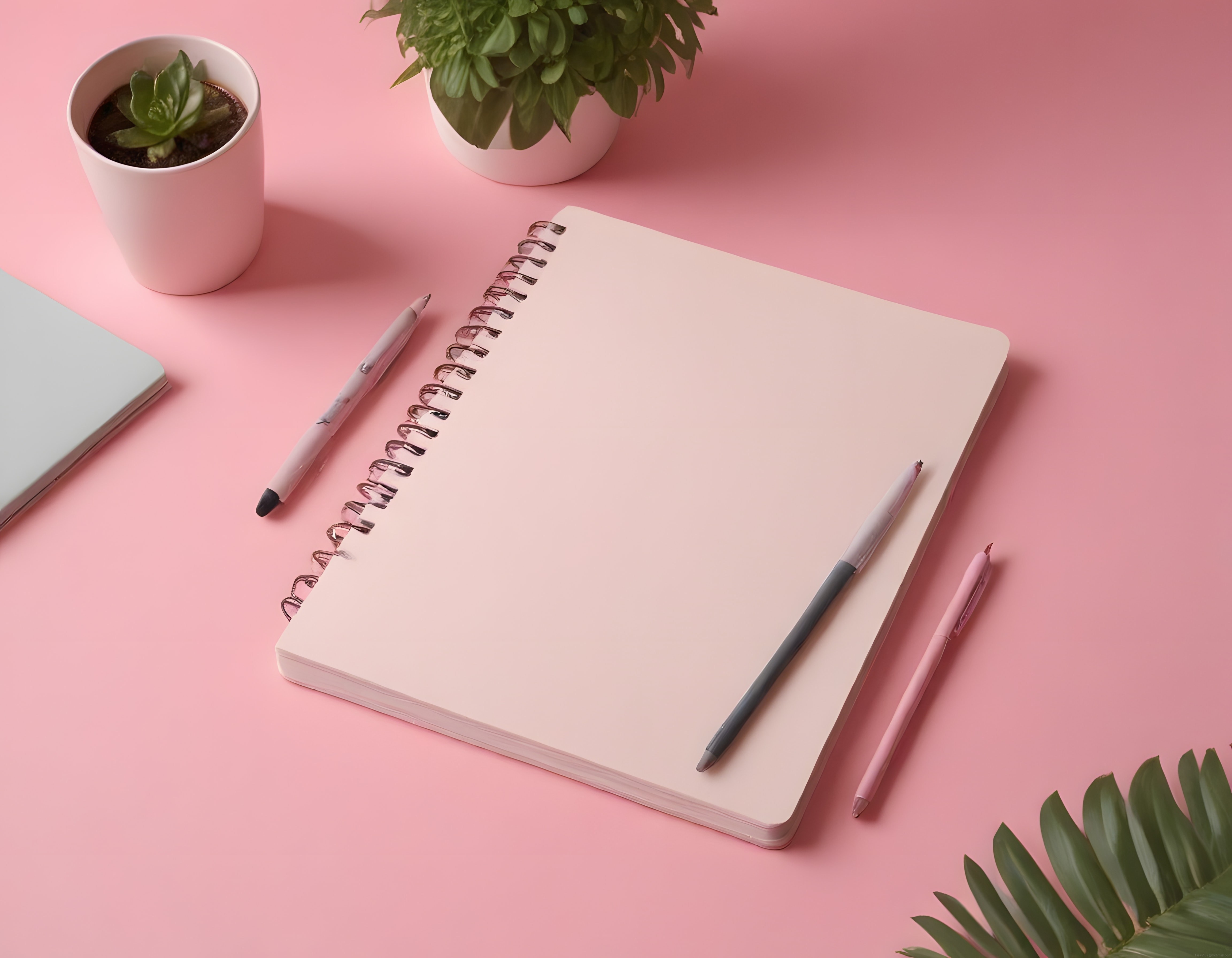 Pembe zeminli estetik masa düzeni, boş spiral defter ve kalem koleksiyonu