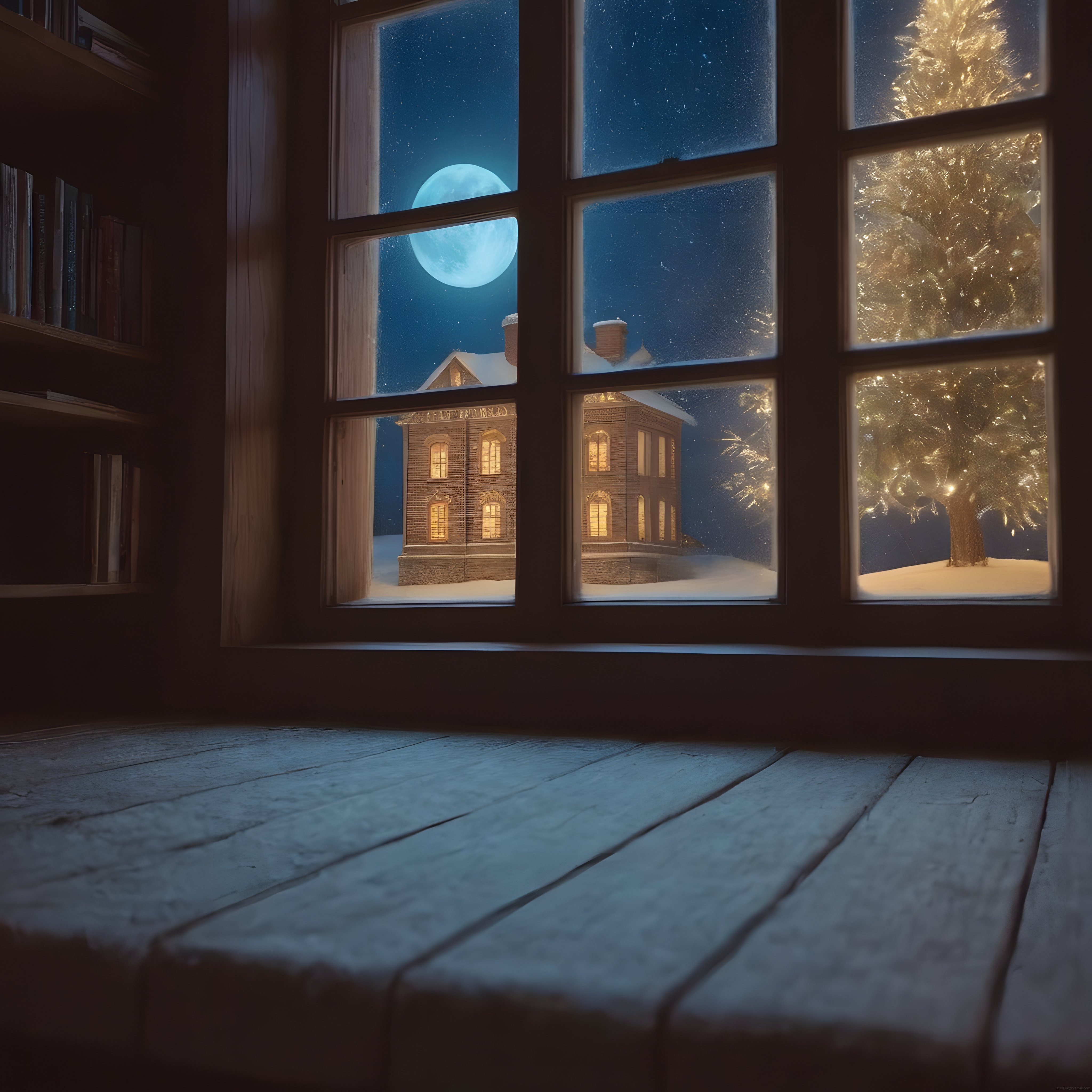 Pencere dışında masalsı kış gecesi: dolunay, karlı ev ve ışıltılı ağaçlar Pencere dışında masalsı kış gecesi: dolunay, karlı ev ve ışıltılı ağaçlar