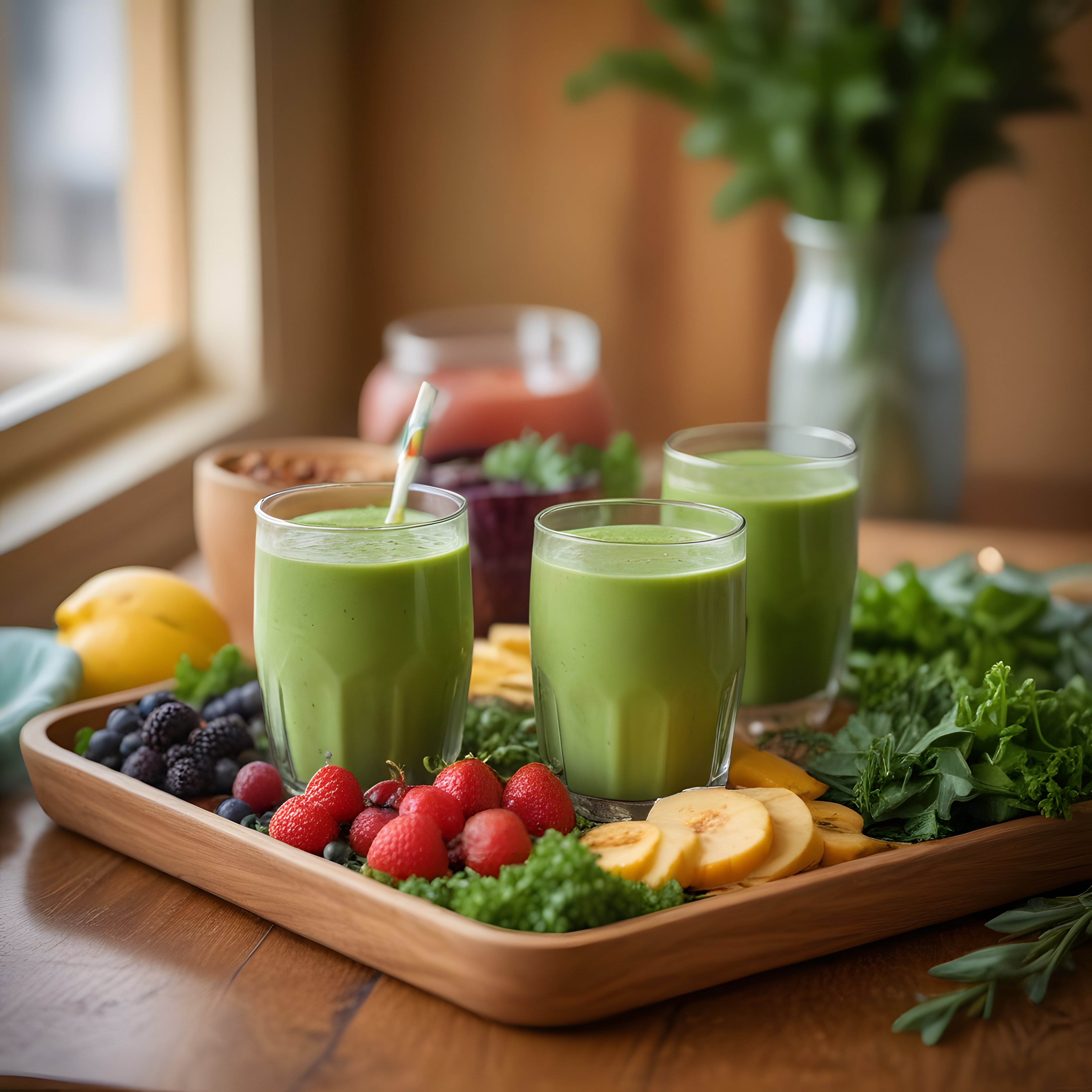Pencere Kenarında Ahşap Tepside Taze Yeşil Smoothie ve Doğal Meyveler