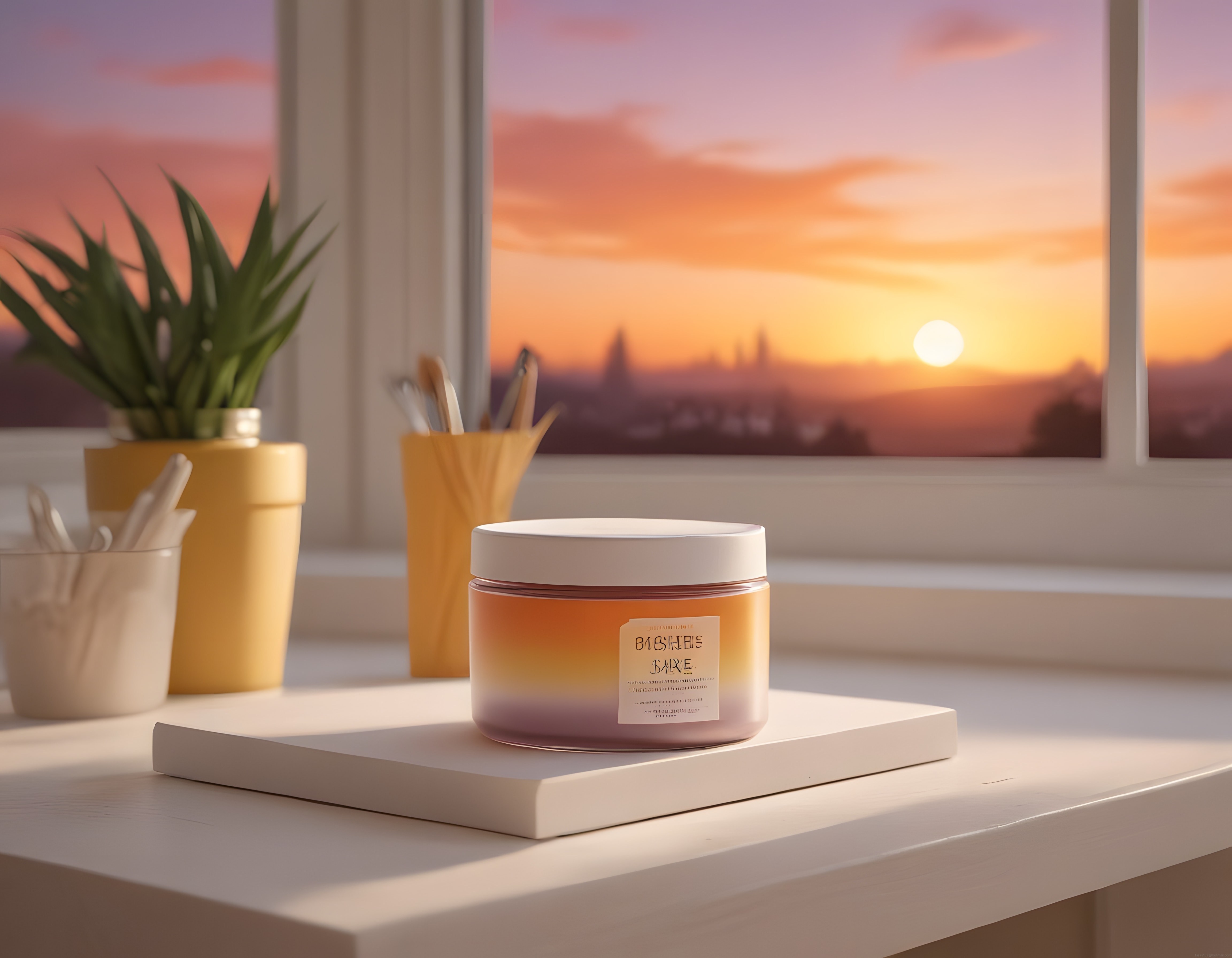 Pencere Kenarında Gün Batımı Işığında Cilt Bakım Kavanozu ve Aloe Vera