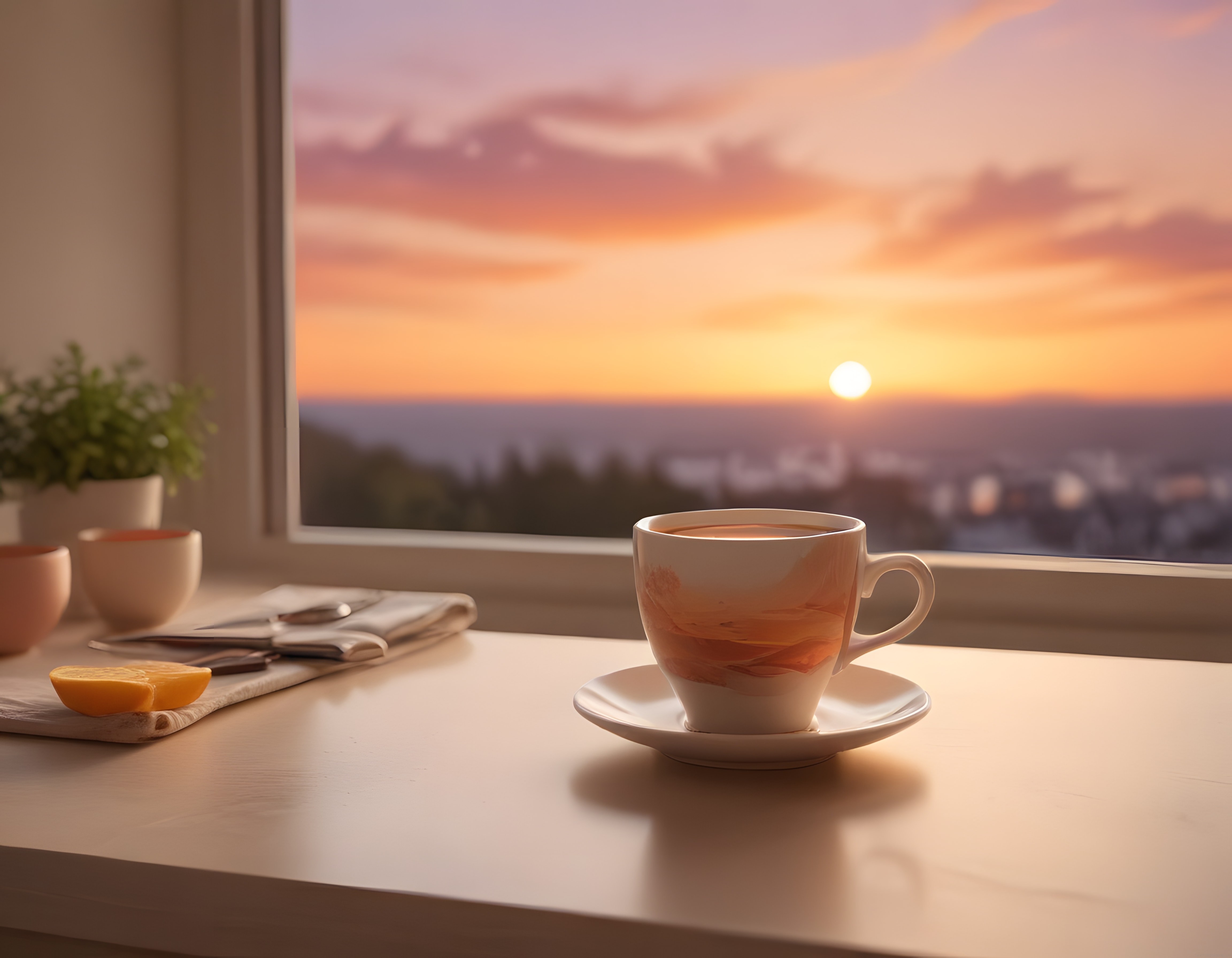 Pencere Kenarında Gün Batımı Manzaralı Sıcak Kahve ve Portakal Dilimi