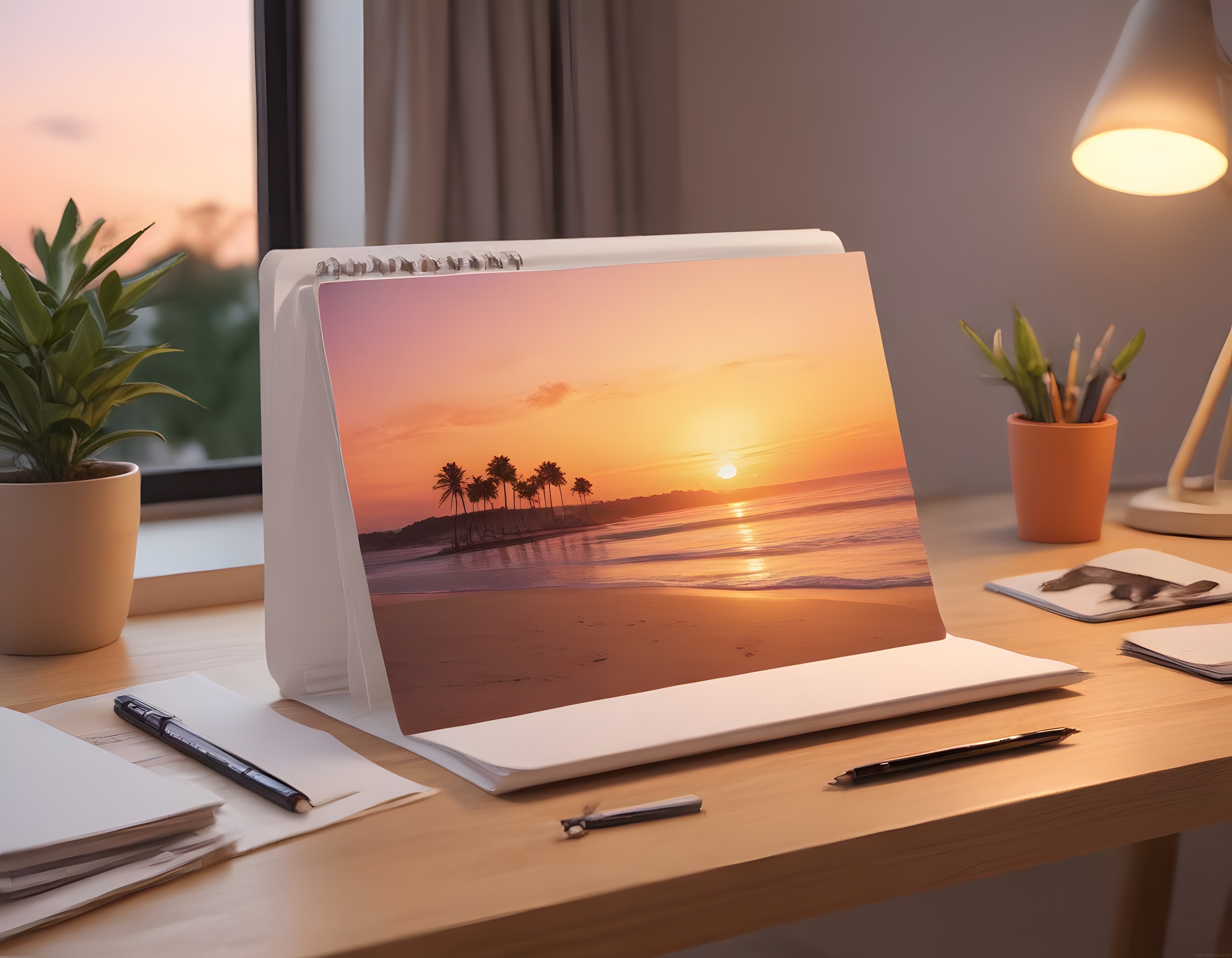 Pencere Kenarında Gün Batımı Manzaralı Takvim ve Minimal Çalışma Alanı