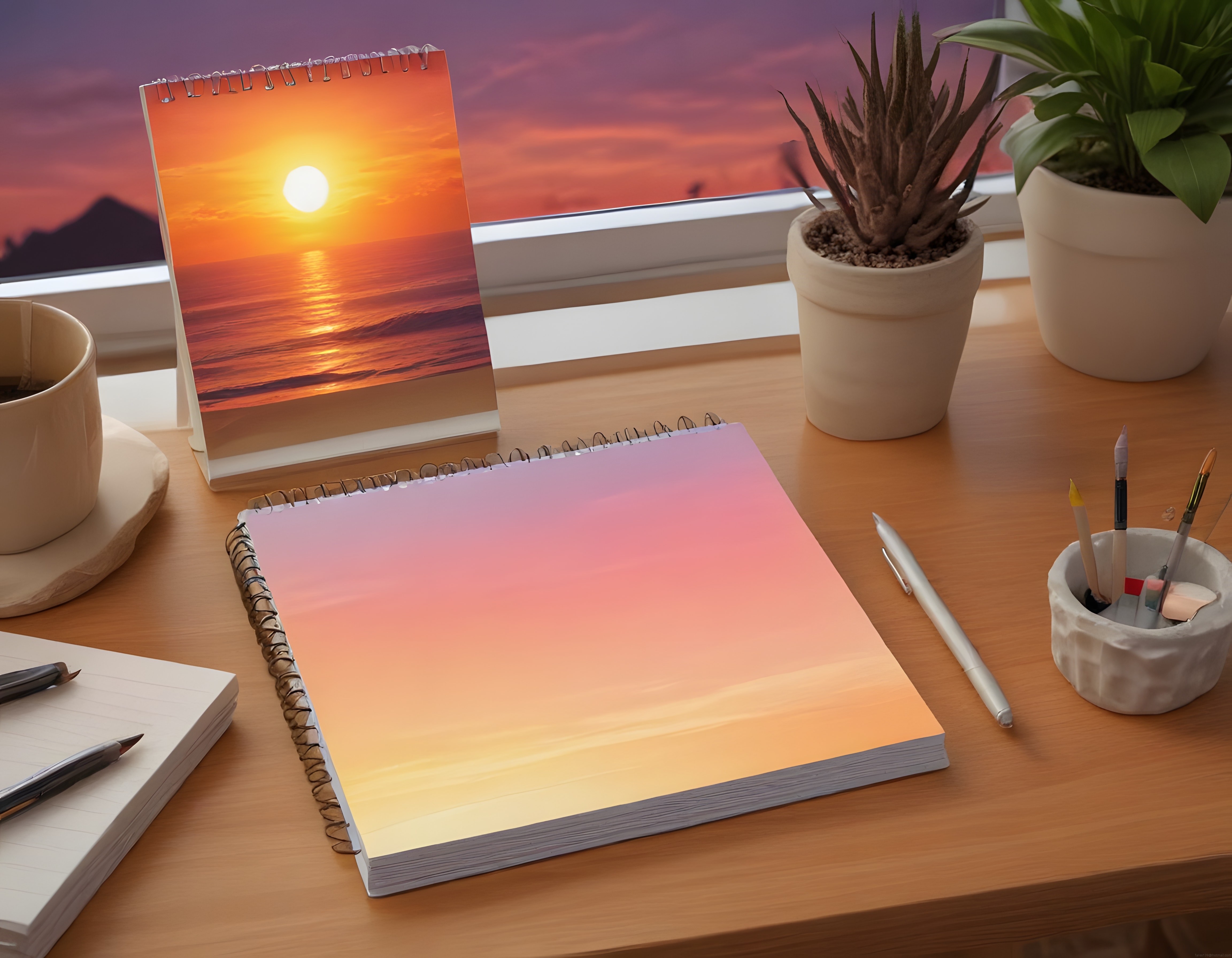 Pencere Kenarında Gün Batımı Temalı Defter ve Huzurlu Çalışma Alanı