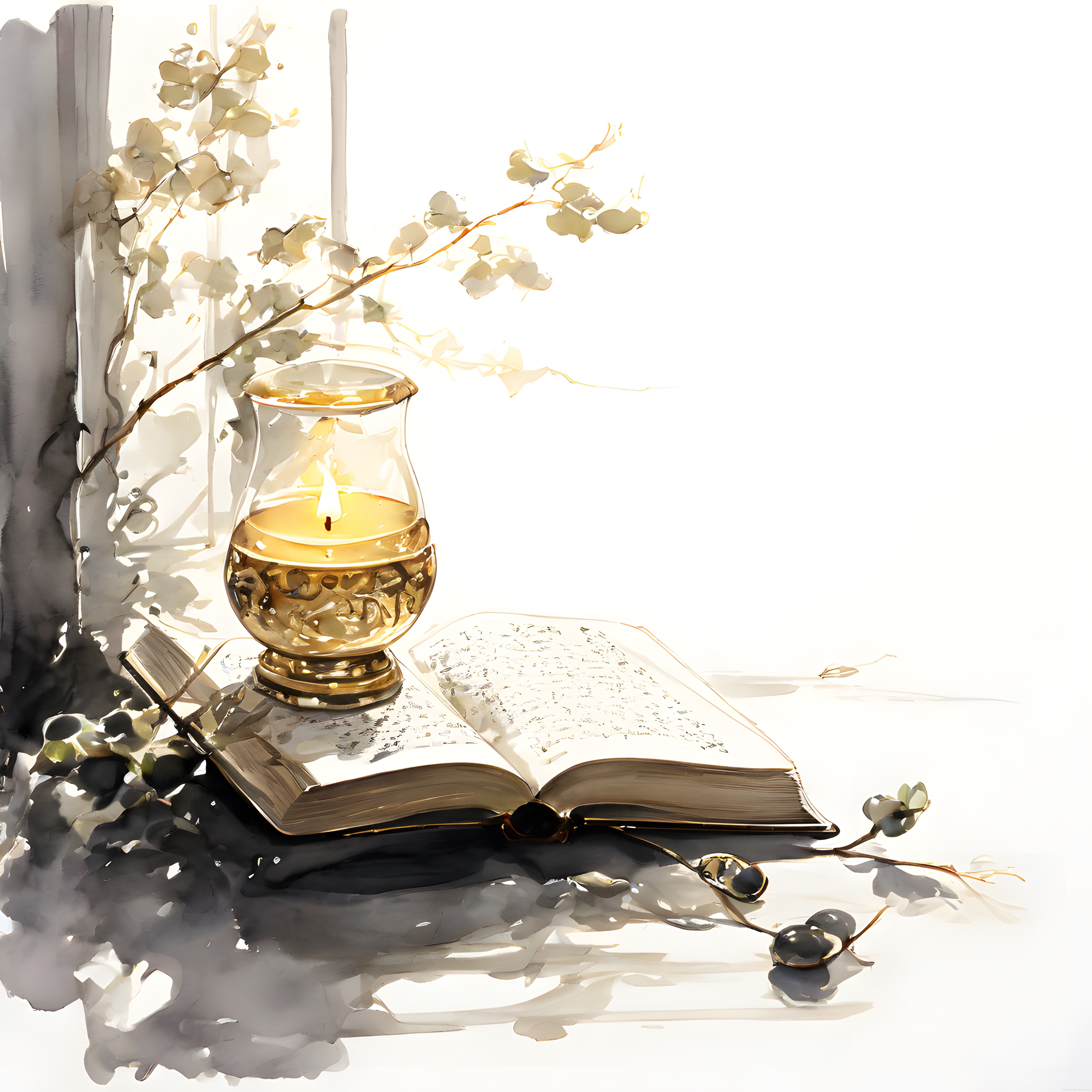 Pencere Kenarında Mum Işığı ve Açık Kitap: Huzur Veren Suluboya Anı