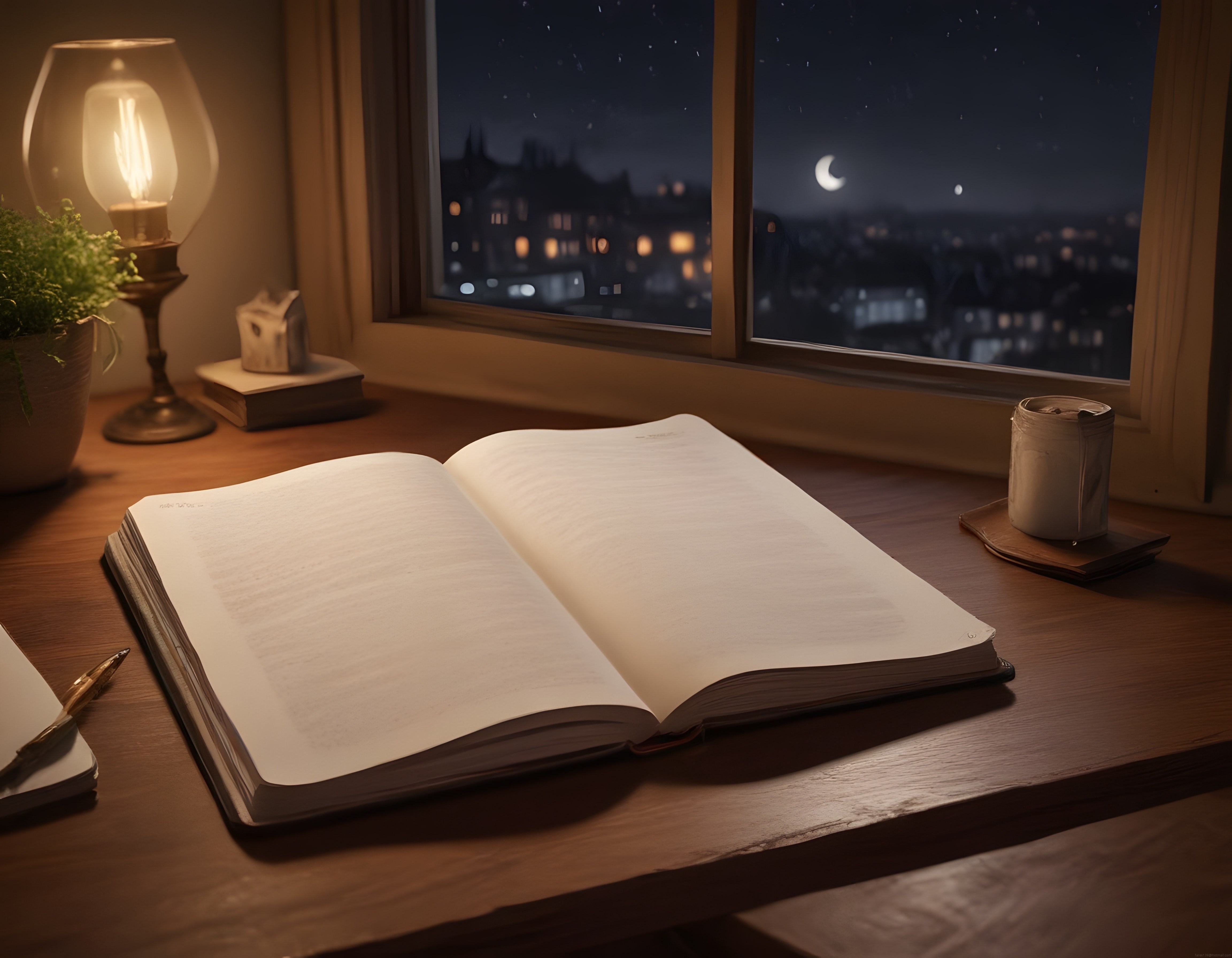 Pencere Kenarında Samimi Bir Gece: Açık Kitap, Sıcak Işık ve Hilal Ay Manzarası