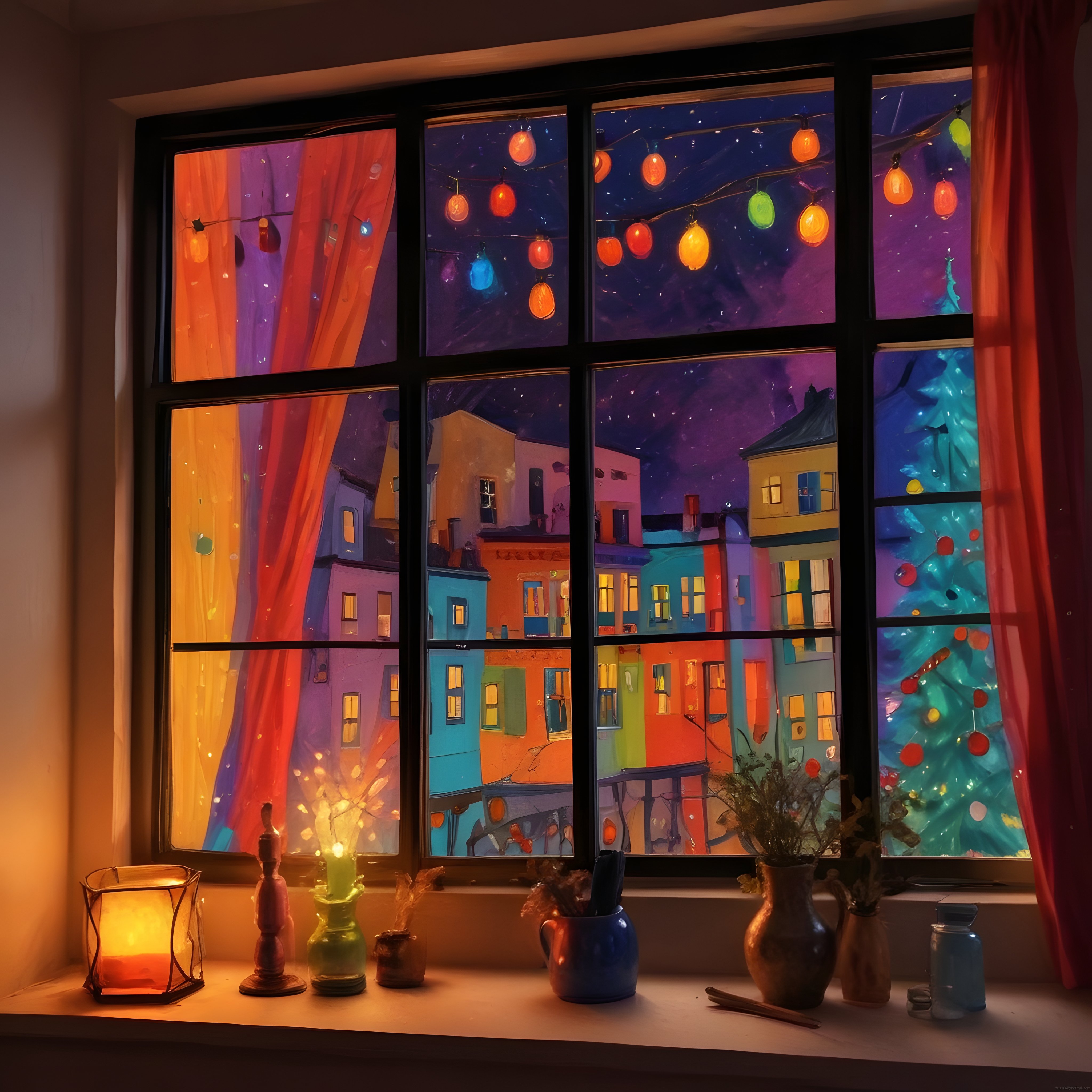 Pencere Kenarında Sıcacık Işıklar ve Renkli Gece Manzaralı Büyülü İllüstrasyon