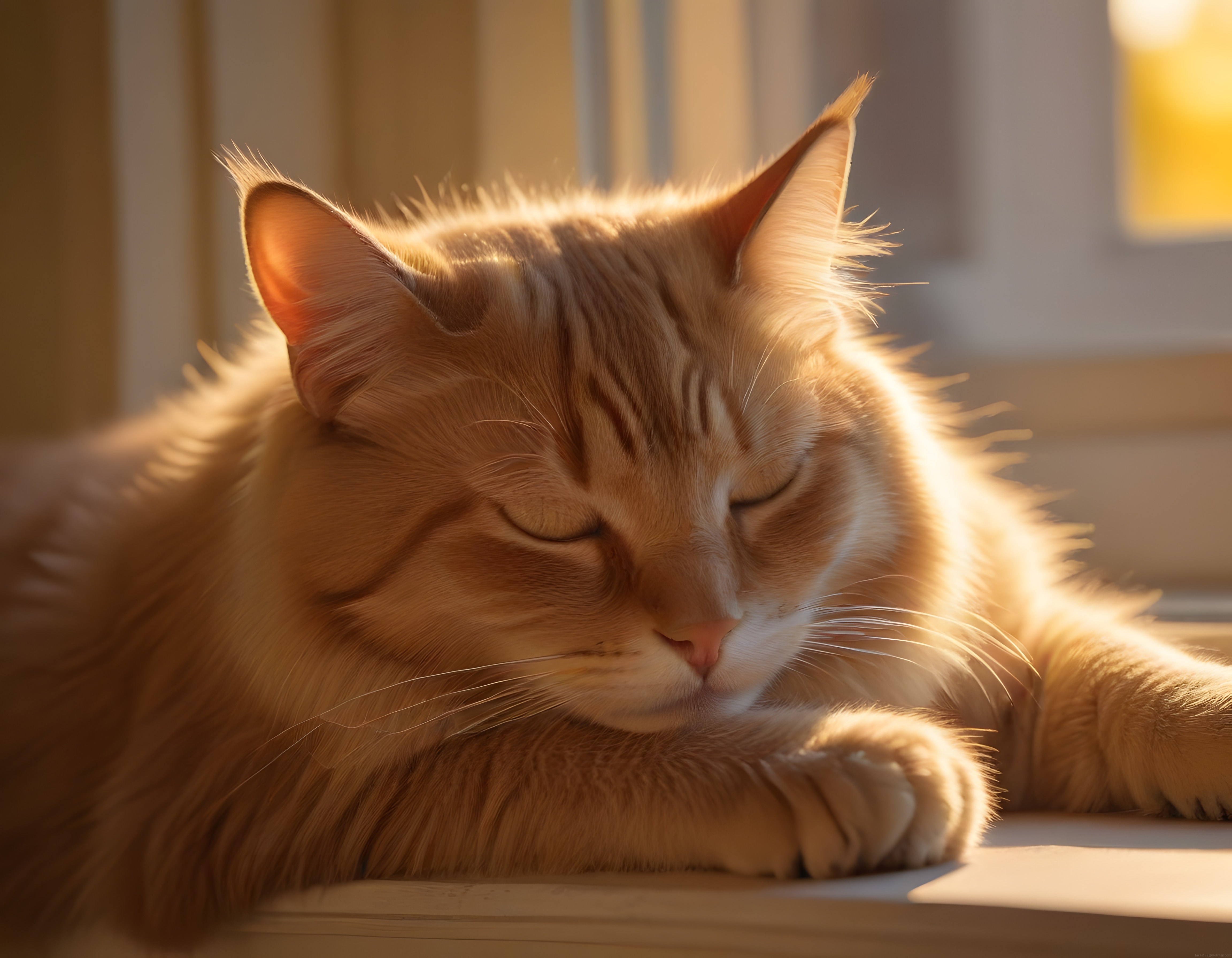 Pencere Kenarında Sıcak Güneş Işığında Uyuklayan Tüylü Ginger Kedi
