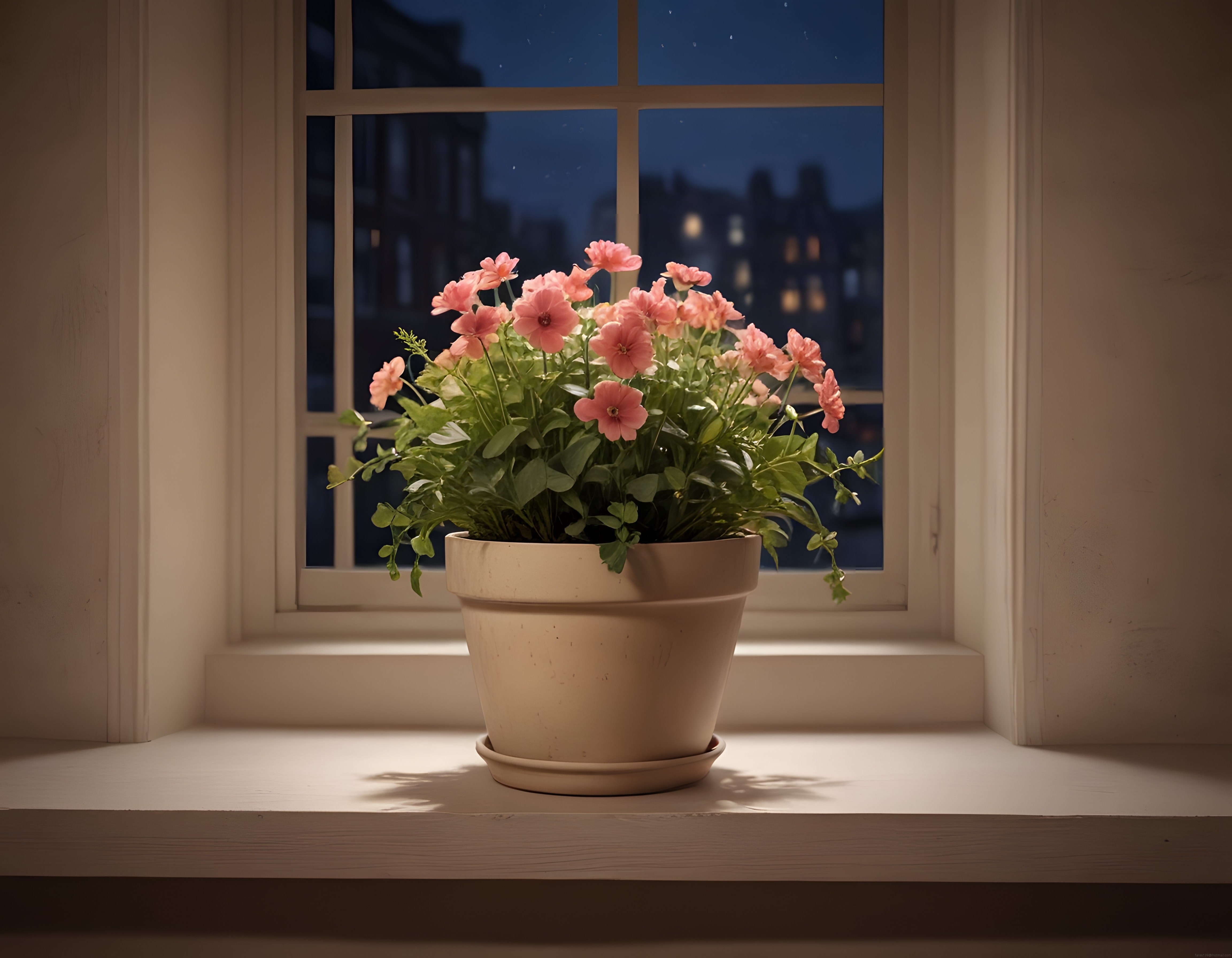 Pencere Kenarında Yıldızlı Gece Manzarası Eşliğinde Pembe Çiçekli Saksı